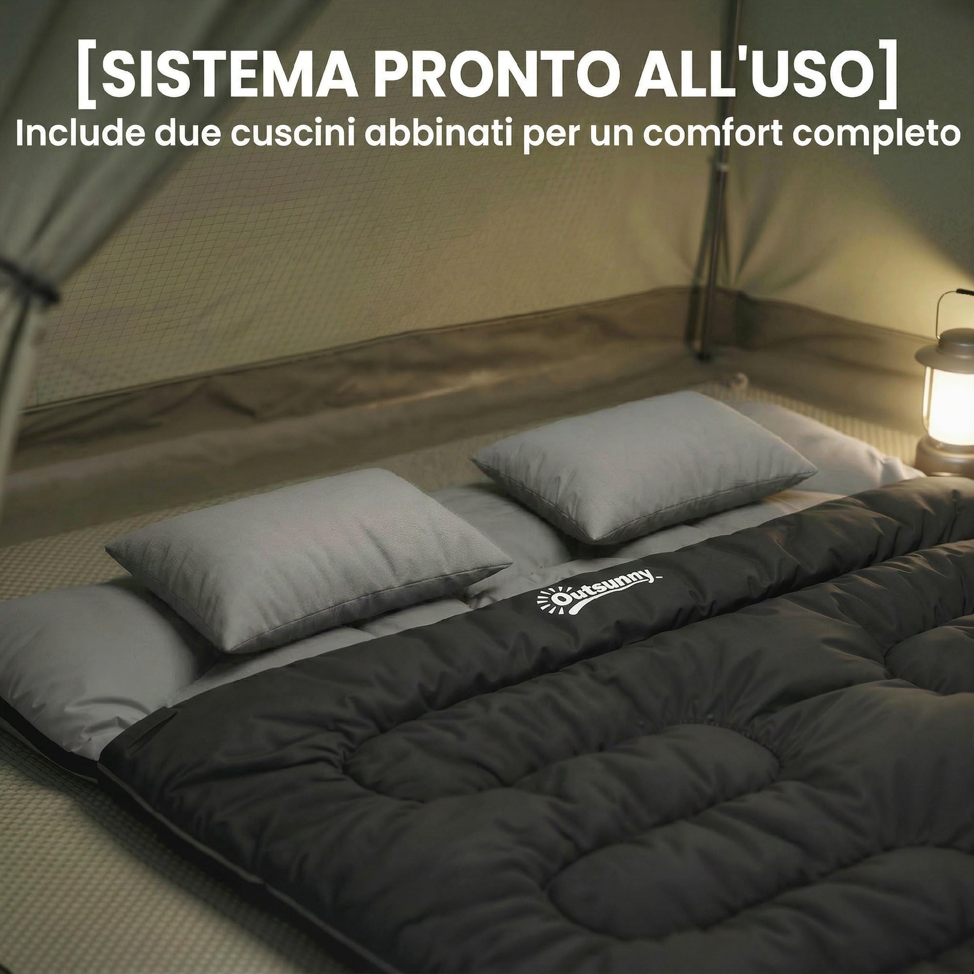 Outsunny Sacco a Pelo Doppio per Adulti, Sacco a Pelo Matrimoniale per 2 Persone, Leggero con 2 Cuscini e Borsa di Stoccaggio, per Climi Freddi e Caldi, Camping, Escursionismo, Zaino, Nero