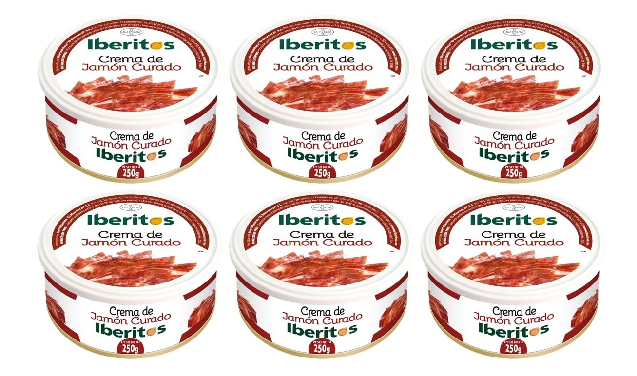 Crema de Jamón Curado Iberitos 250g - Textura Suave y Sabor Intenso - Ideal para Aperitivos, Canapés y Tostadas (PACK 6)