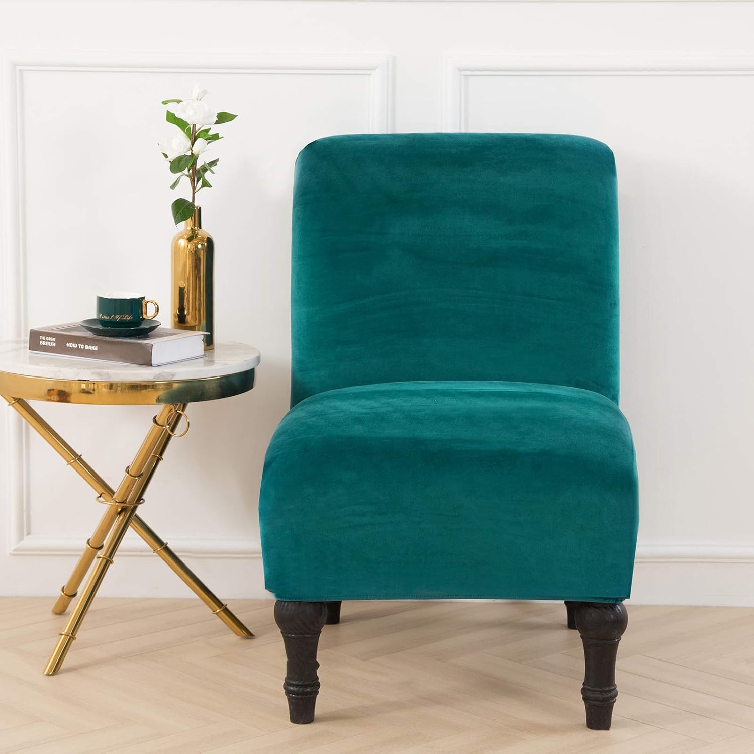 MIFXIN Armless Accent Chair Cover Velvet Stretch Soft Slipcover for Slipper Chair Without Armrest Chair Couch Furniture Protector Cover for Living Room Bedroom Hotel (Bluish Green, 1 Pack)