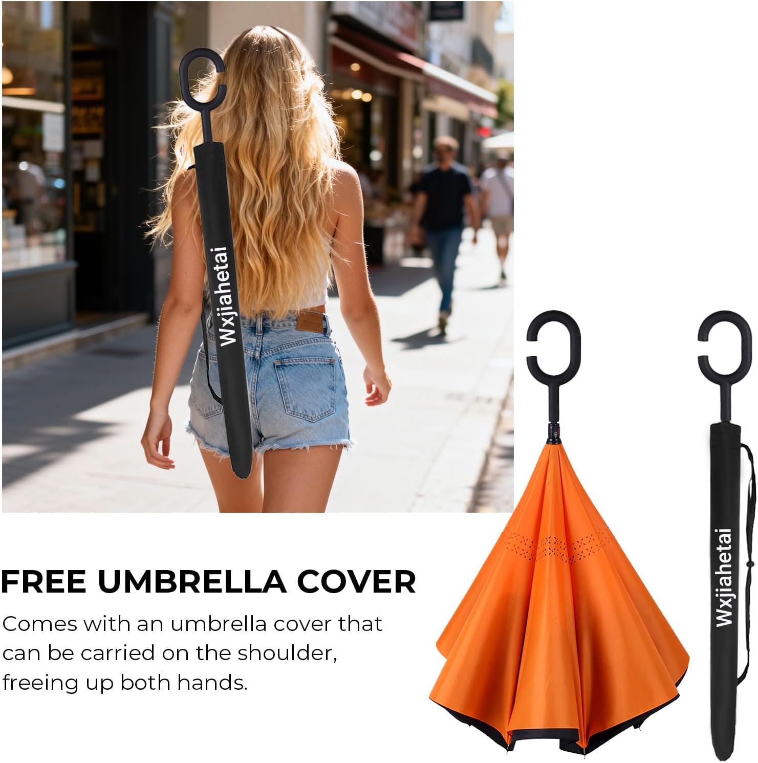 Inverted Umbrella, 49 Inch Double-Layer Vented Reverse Umbrella, Windproof Waterproof UV Protection, Lightweight C-Handle, Fiberglass Ribs, Steel Shaft, Travel/Commute/Car Use, With Sleeve - Image 8
