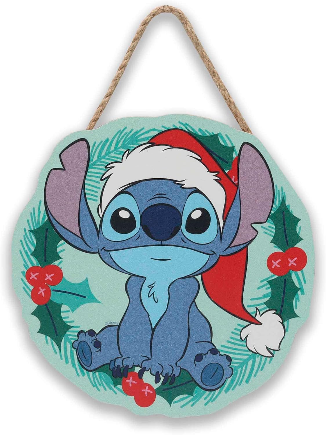 Disney Lilo and Stitch Santa Hat Hanging Wood Wall Decor - Cute Stitch Christmas Wreath Sign for Holiday Decor