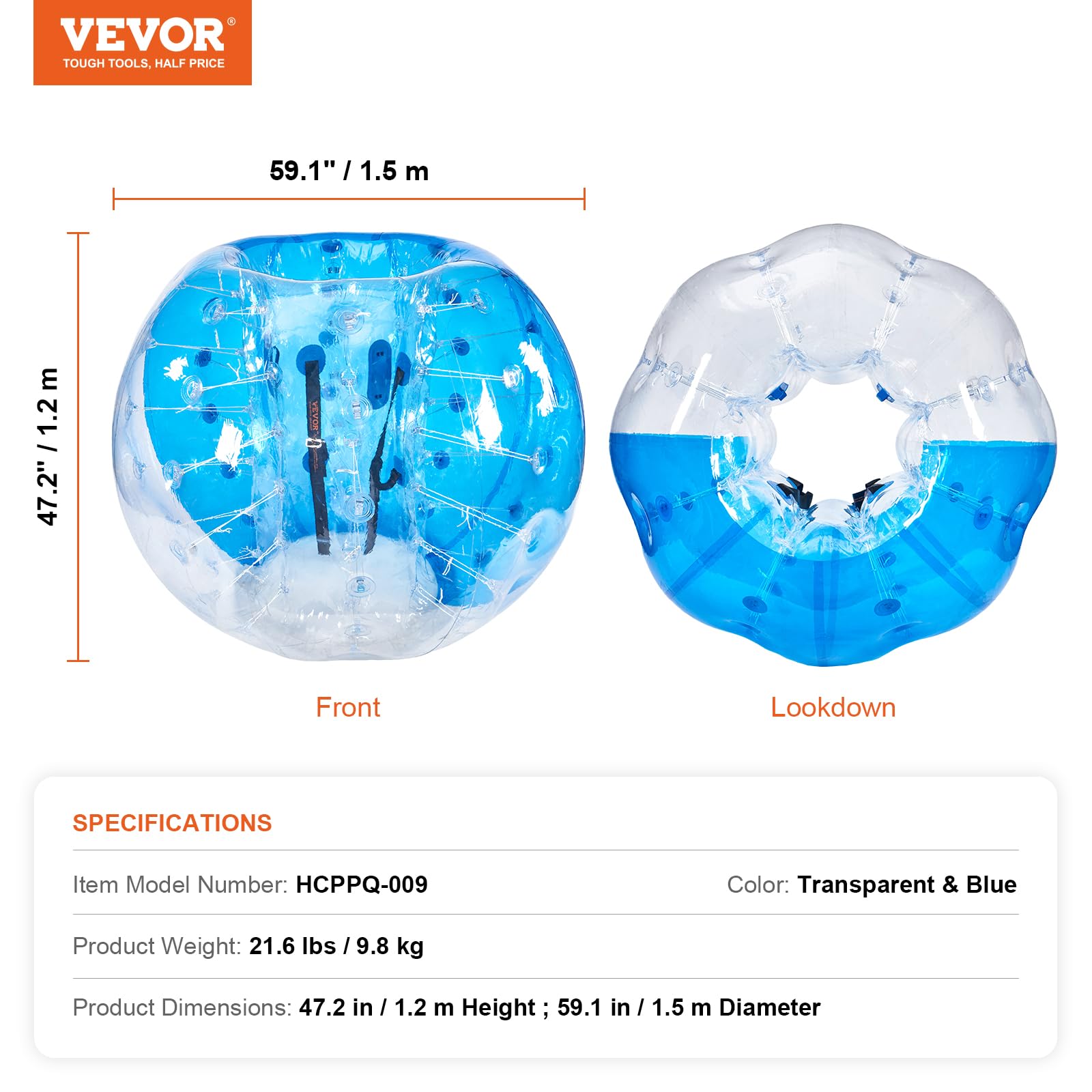 VEVOR Bulle Gonflable de 1,5 m, Balle Pare Chocs à Bulles en PVC pour Hamster Humain 0,8 mm d'Épaisseur pour Adolescents et Adultes Jeux d'Équipe en Plein Air Jouets Pare-Chocs Bleu et Transparent