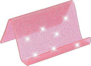 PATIKIL Business Card Holder for Desk, Acrylic Business Card Holders Shine Card Stand Organizer Cards Display for Office Exhibition, Pink