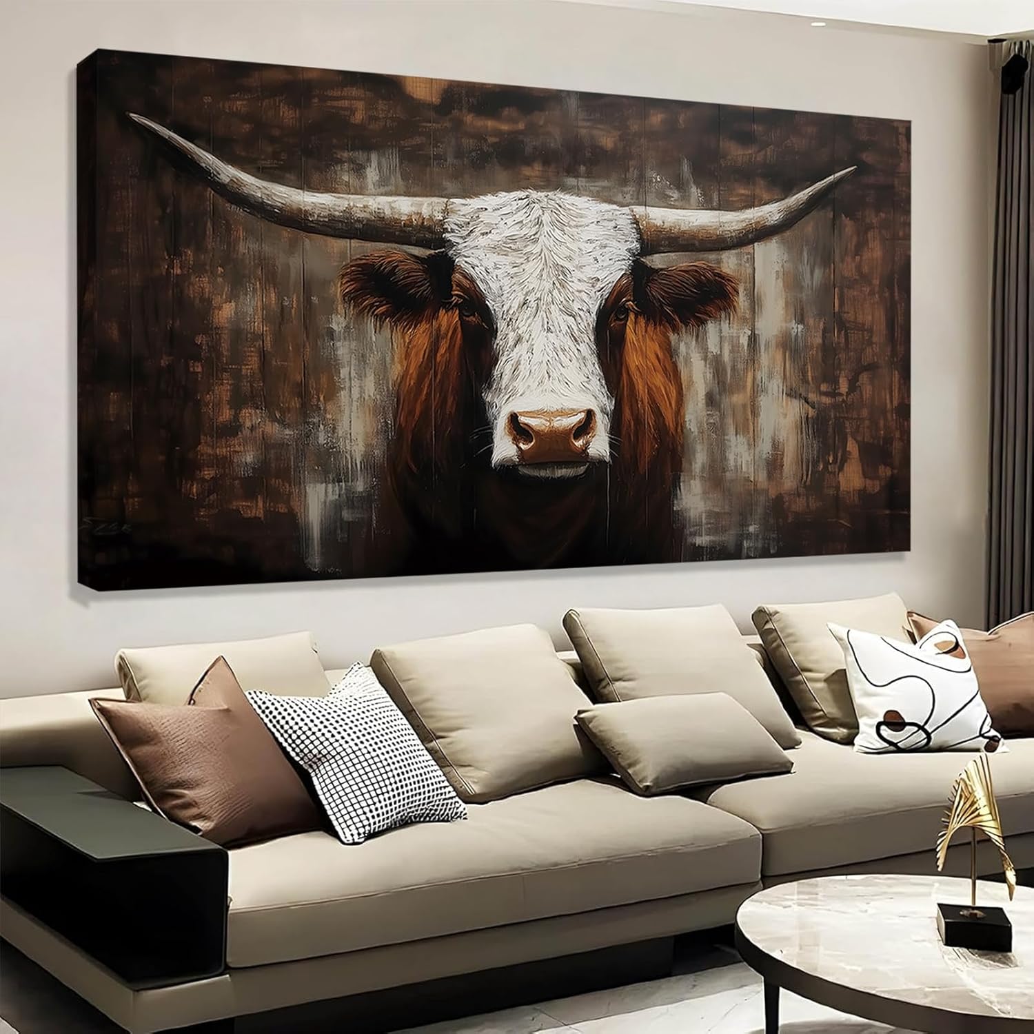 Longhorns Canvas Wall Art, Brown and White Longhorn Canvas Wall Art, Cow Pictures Decor, Bull Print Decor, Animal Painting, Rustic Western Extra Large Farmhouse for Living Room, Bedroom, Office (31"x16")