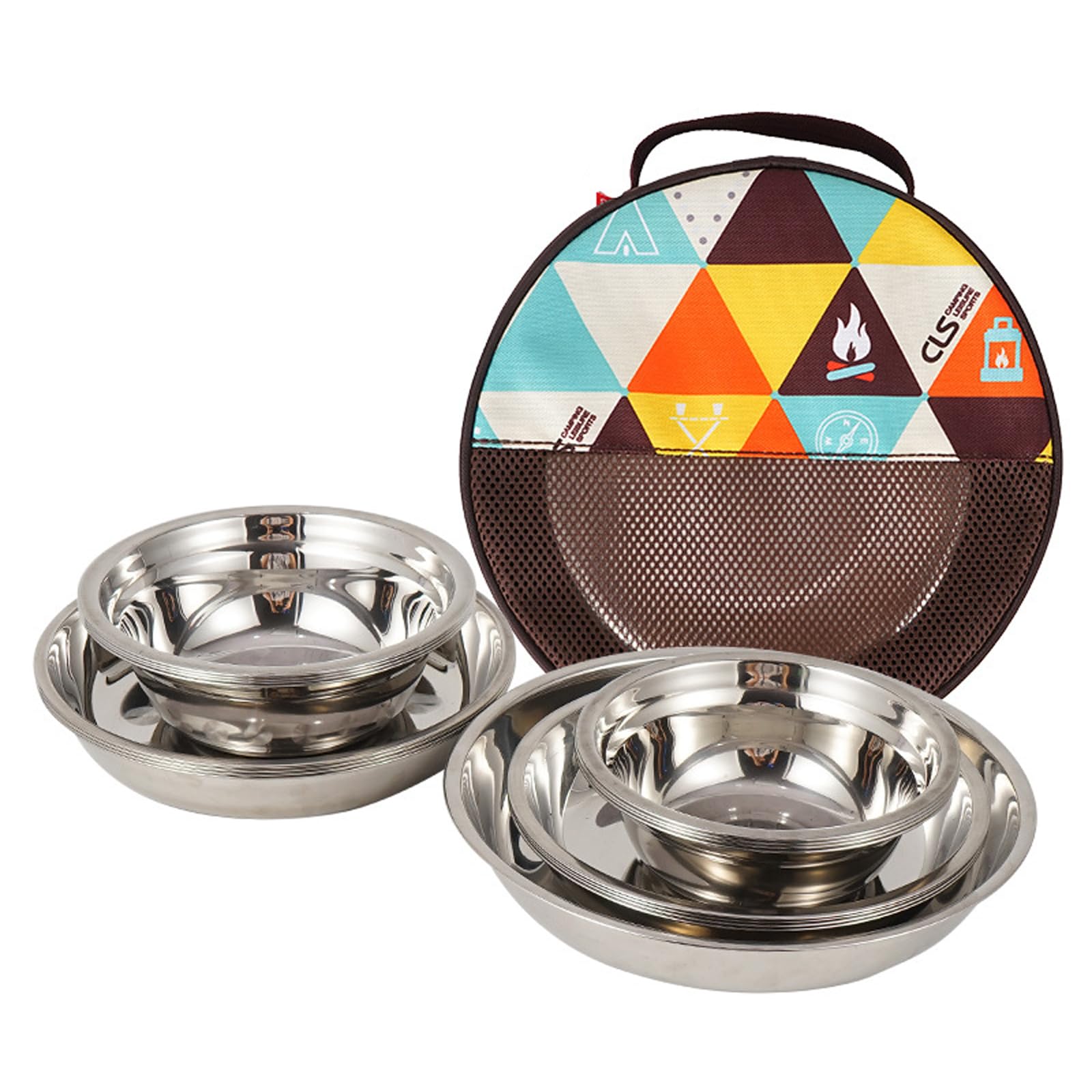 Juego de vajilla de acero inoxidable para camping (17 piezas), paquete familiar con tazones, platos y bolsa de transporte portátil. Ligero, perfecto para camping, senderismo, picnics y viajes