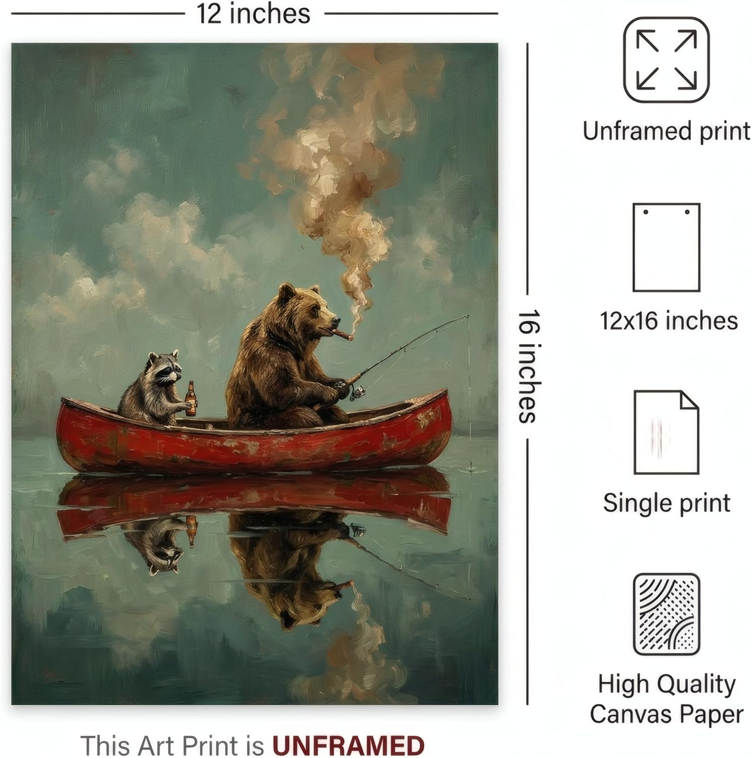 Bear Wall Art Fishing Wall Decor - Whimsical Fishing Poster 12x16 UNFRAMED