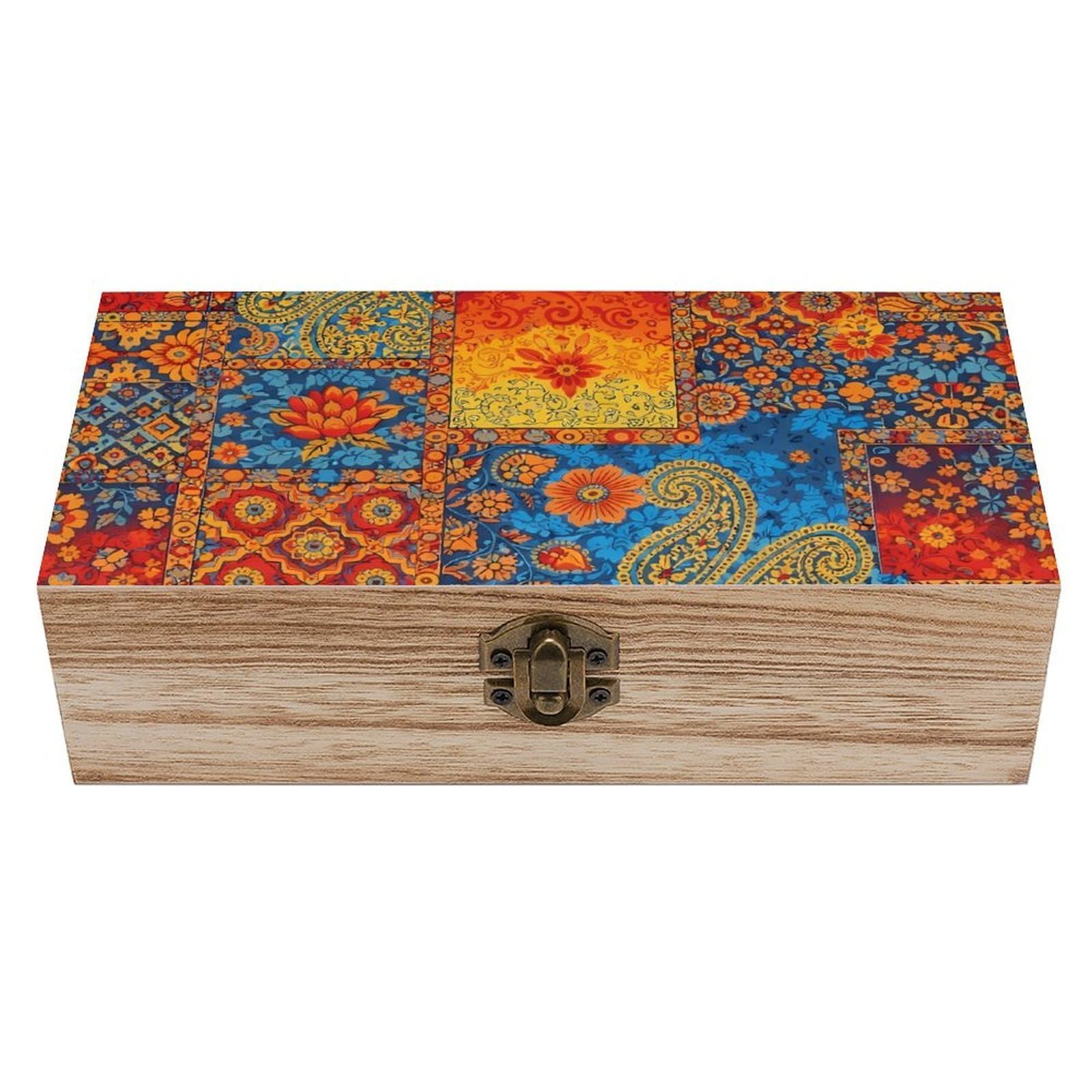 SMAZDFXX Boho Paisley Mandala Art Wooden Storage Box With Hinged Lid Decorative Front Clasp Keepsake Boxes