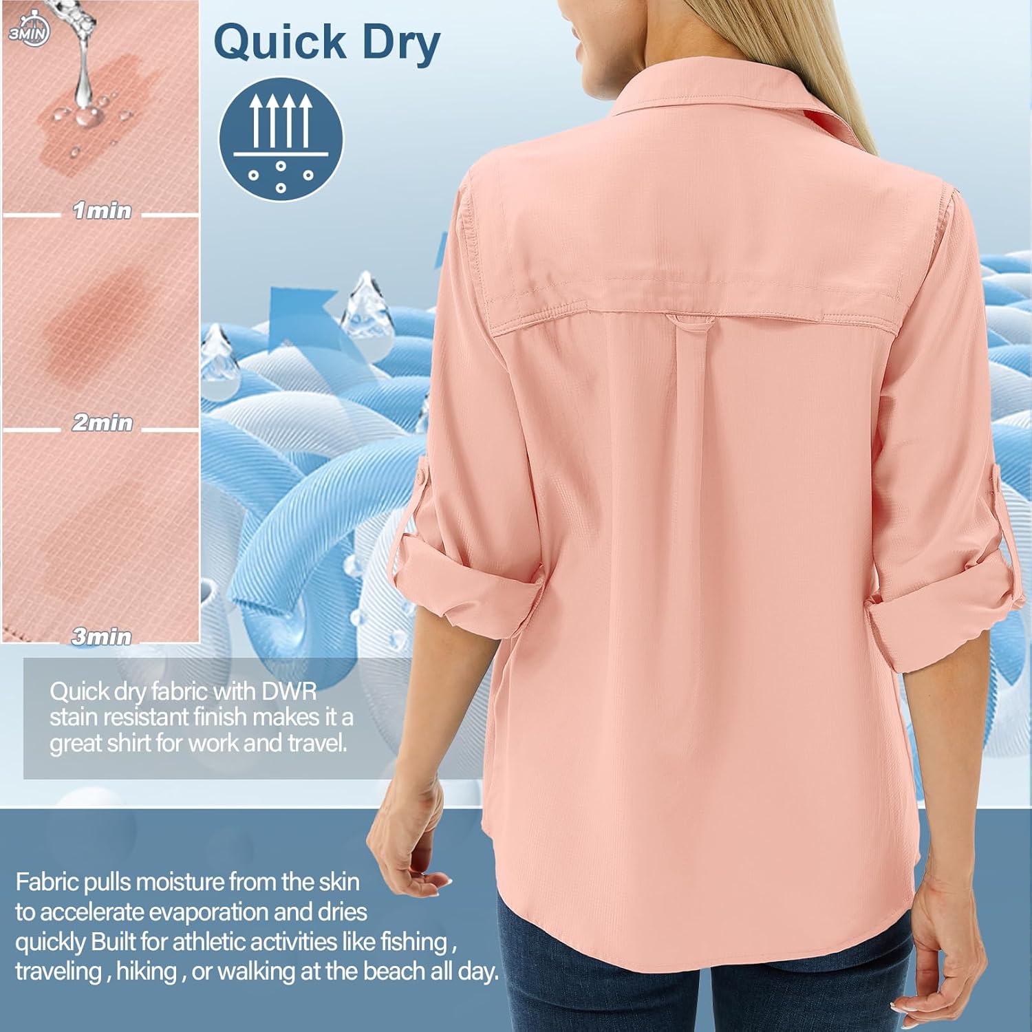 Women's UPF 50 Long Sleeve UV Sun Protection Safari Shirts Outdoor Quick Dry Fishing Travel Hiking Shirts #5070-Pink-L - Image 3