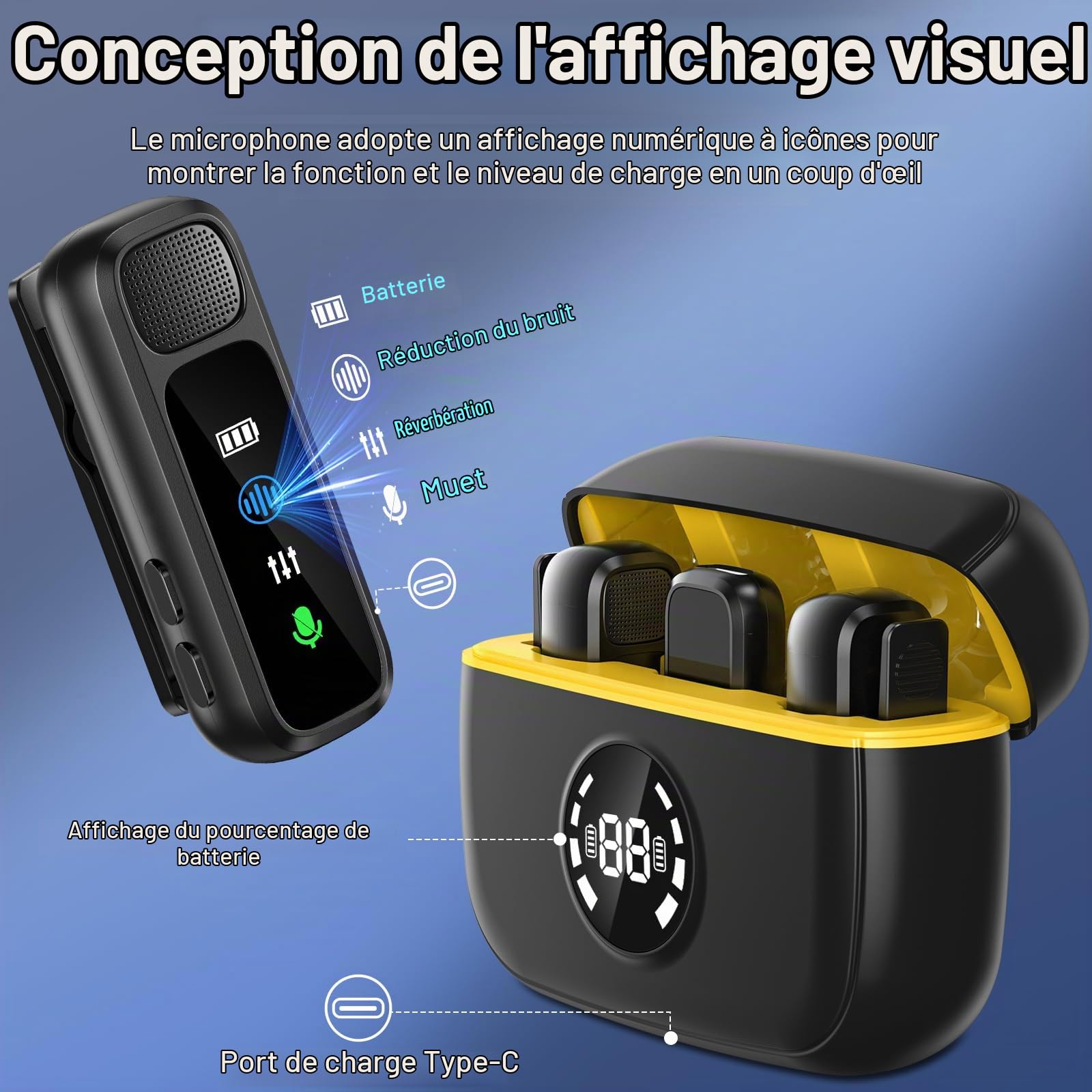 Micro Cravate sans Fil,Professionnel pour iPhone iPad USB, Boîtier de chargement avec écran,Annulation du bruit par DSP -Plug & Play Mini Clip-on Microphone Lavalier,pour Enregistrement Vidéo,Vlogging