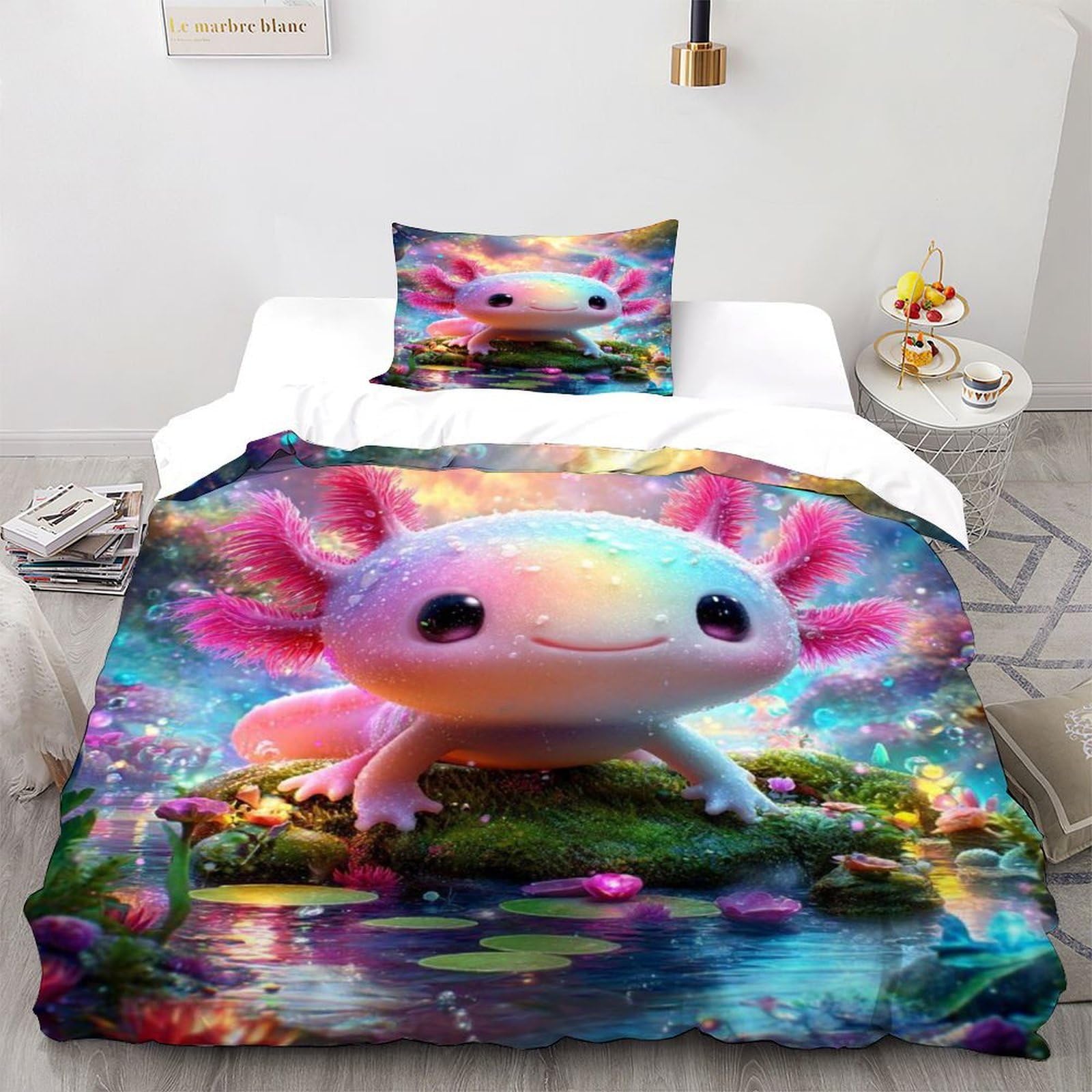 Axolotl Fantasy Bedding Set 3D Design Animal Theme Wildlife Duvet Cover Set Microfiber Quilt Cover Universal for All Seasons with Pillowcase Single（135x200cm）