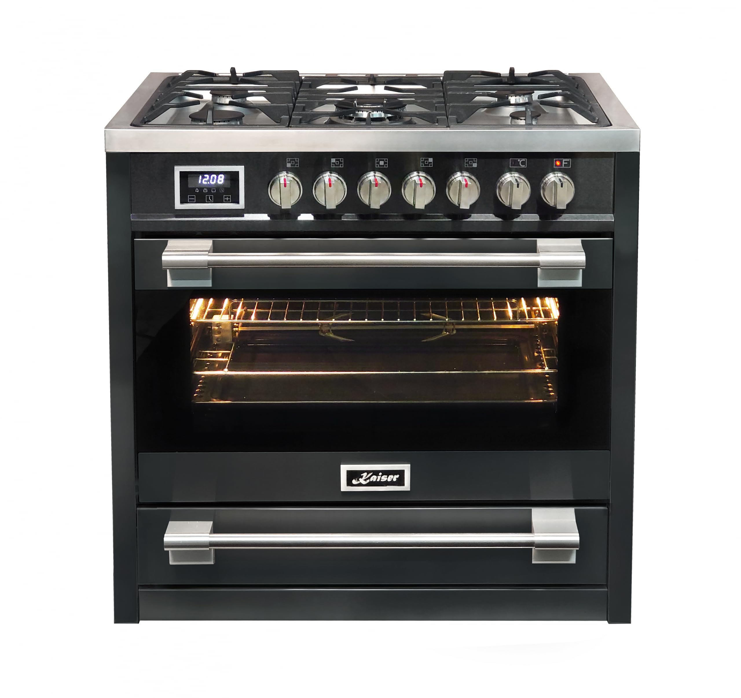 Kaiser HGE 93505 S Turbo · Gas Elektro Standherd 90 cm · Freistehender Range Cooker · Gaskochfeld 5 Zonen mit 4,5 kW WOK · XXL Elektro-Backofen 115 L · 8 Funktionen · Erdgas/Propangas