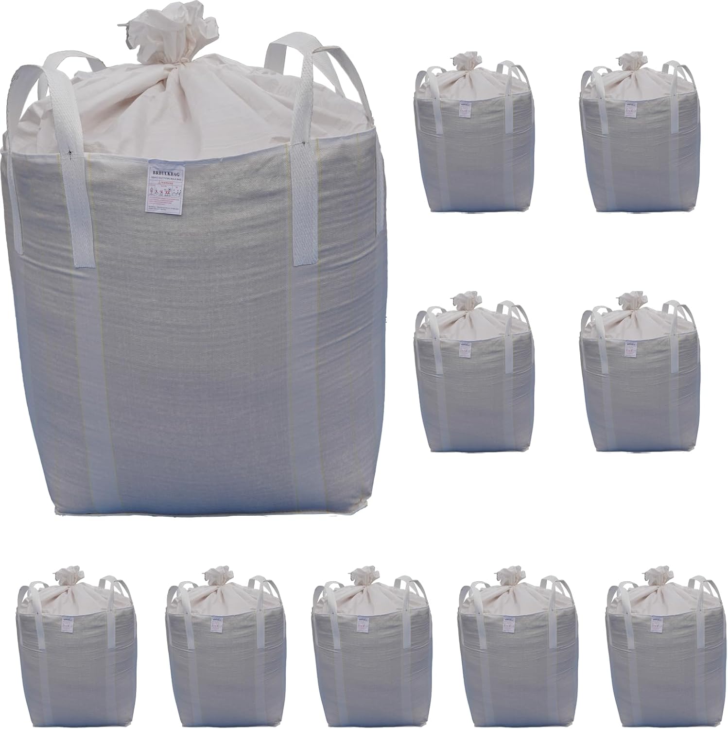 FIBC Bulk Bags, Industrial Sack, 35 x 35 x 43 inches, 2200 lbs Capacity, 10 Pack, Duffle Top & Flat Bottom, – 35 Cu Ft Industrial Heavy Duty Construction Bags for Sand, Agriculture, Waste Disposal
