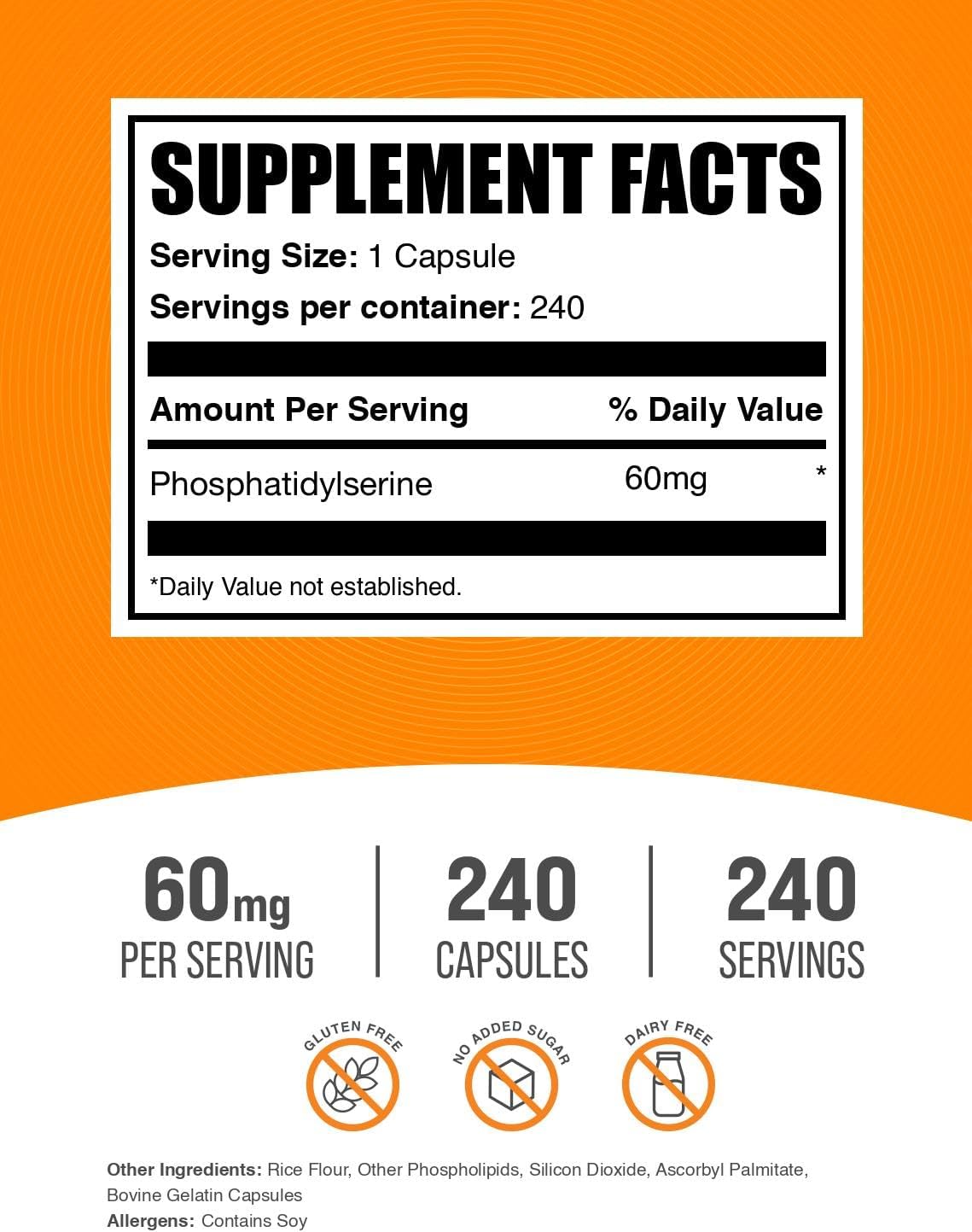 BulkSupplements.com Phosphatidylserine Capsules - Phosphatidylserine Supplement - Gluten Free, 1 Capsule per Serving (60mg), 240 Capsules (Pack of 1)