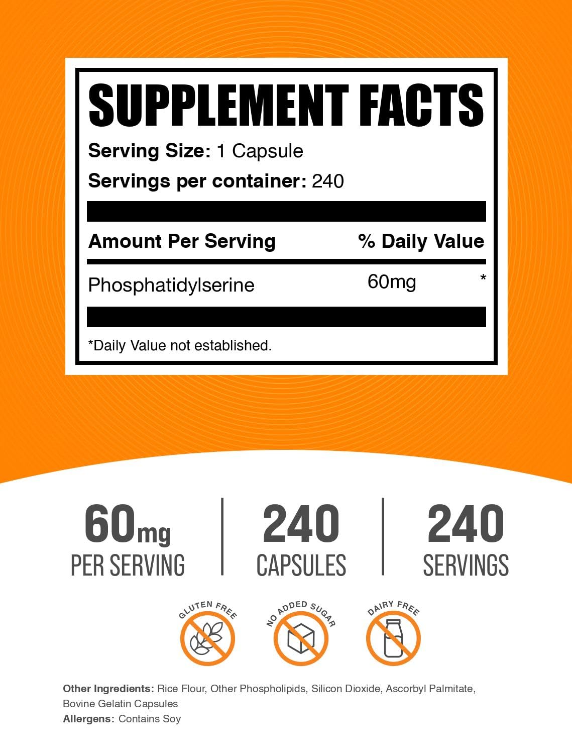BulkSupplements.com Phosphatidylserine Capsules - Phosphatidylserine Supplement - Gluten Free, 1 Capsule per Serving (60mg), 240 Capsules (Pack of 1) — Amazon image 2