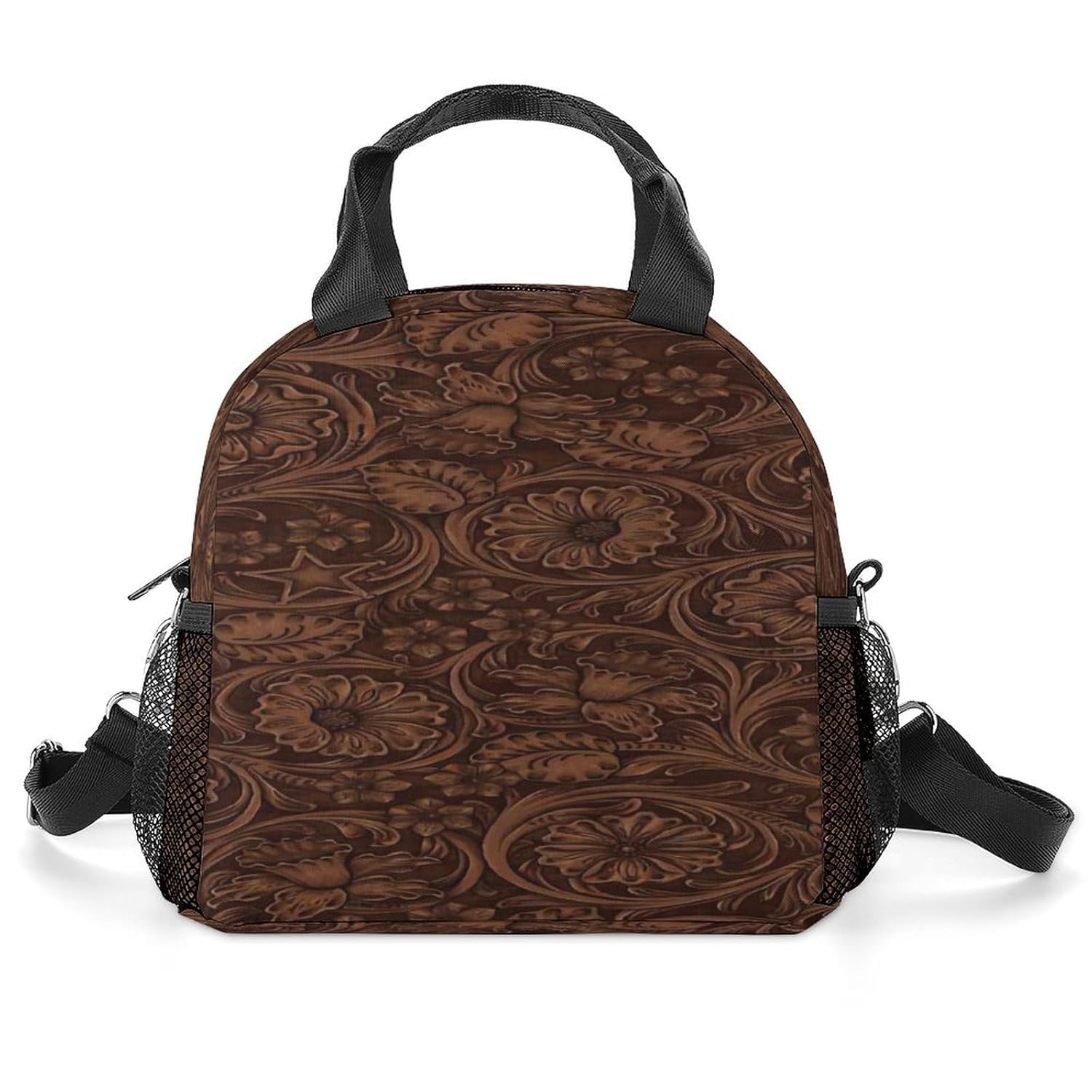 Western Country Rustic Aqua Brown Cowboy Floral Leather Lunch Box for Men Women Durable Lunch Bag for Adults