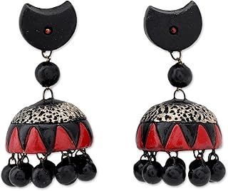 NOVICA Handmade .925 Sterling Silver Ceramic Dangle Earrings Black Red Terracotta India Painted [2 in L x 1 in W x 1 in D] 'Divine Galaxy'