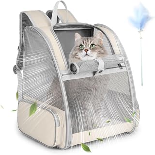 Cat Backpack Carrier, Small Dog Carrier Backpack with Fully Ventilated Mesh, Kitten Wand Feather Toy & Safety Leash, Collapsible Travel Hiking Pet Carrier for S