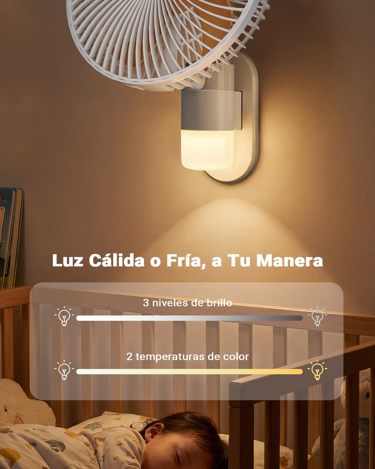 Ventilador de Pared 26 cm con Luz y Control Remoto, Silencioso 30 dB, Flujo de Aire Potente 5,2 m/s, Temporizador, Oscilación 90°, 4 Velocidades, Inclinación 180° para Dormitorio, Oficina,Autocaravana