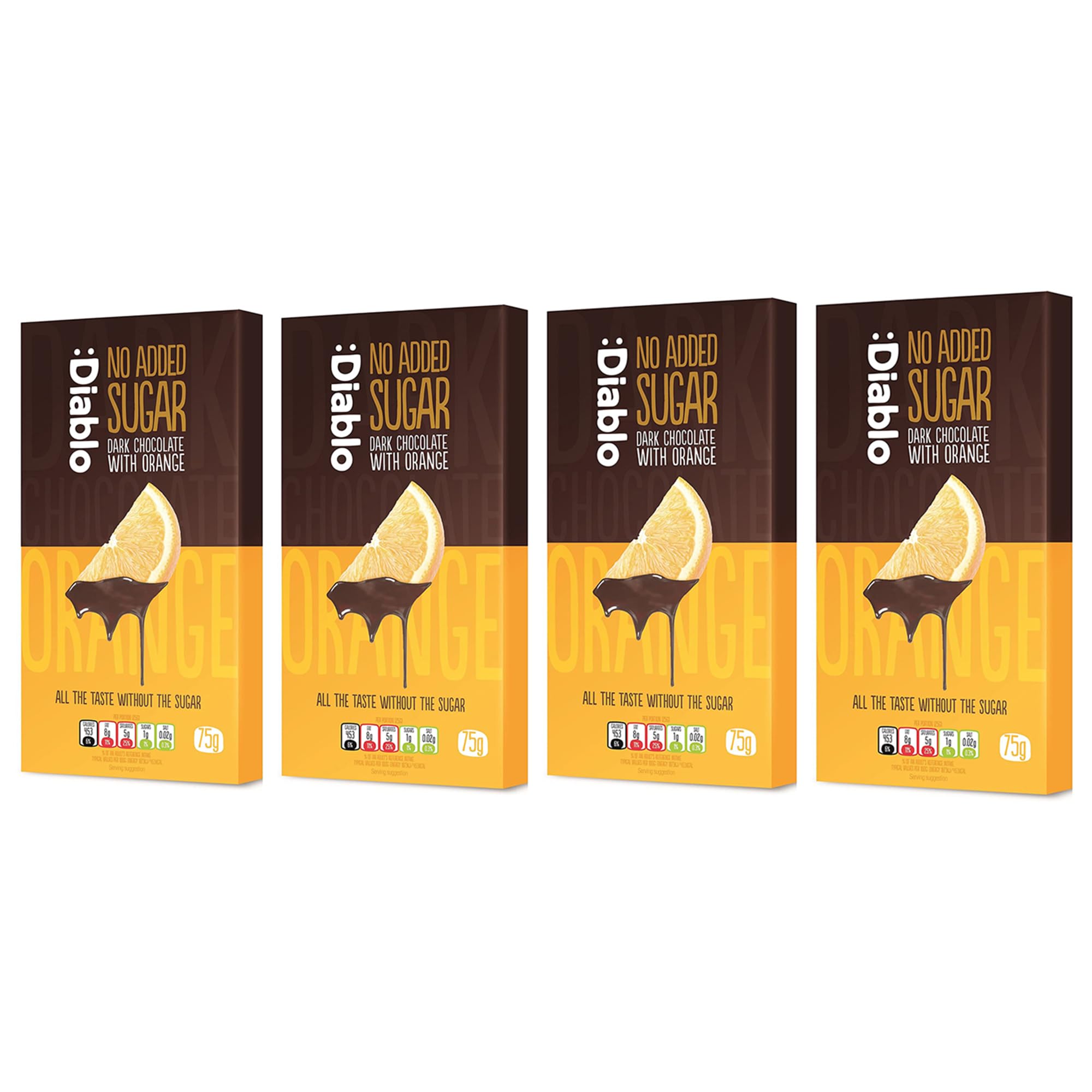 Diablo No Added Sugar Dark Chocolate with Orange – No Added Sugar Chocolate Bar, Sweetened with Stevia, Gluten Free, Ideal for Any Occasion, Birthdays, Valentines, or Gift Hampers, 75g (Pack of 4)