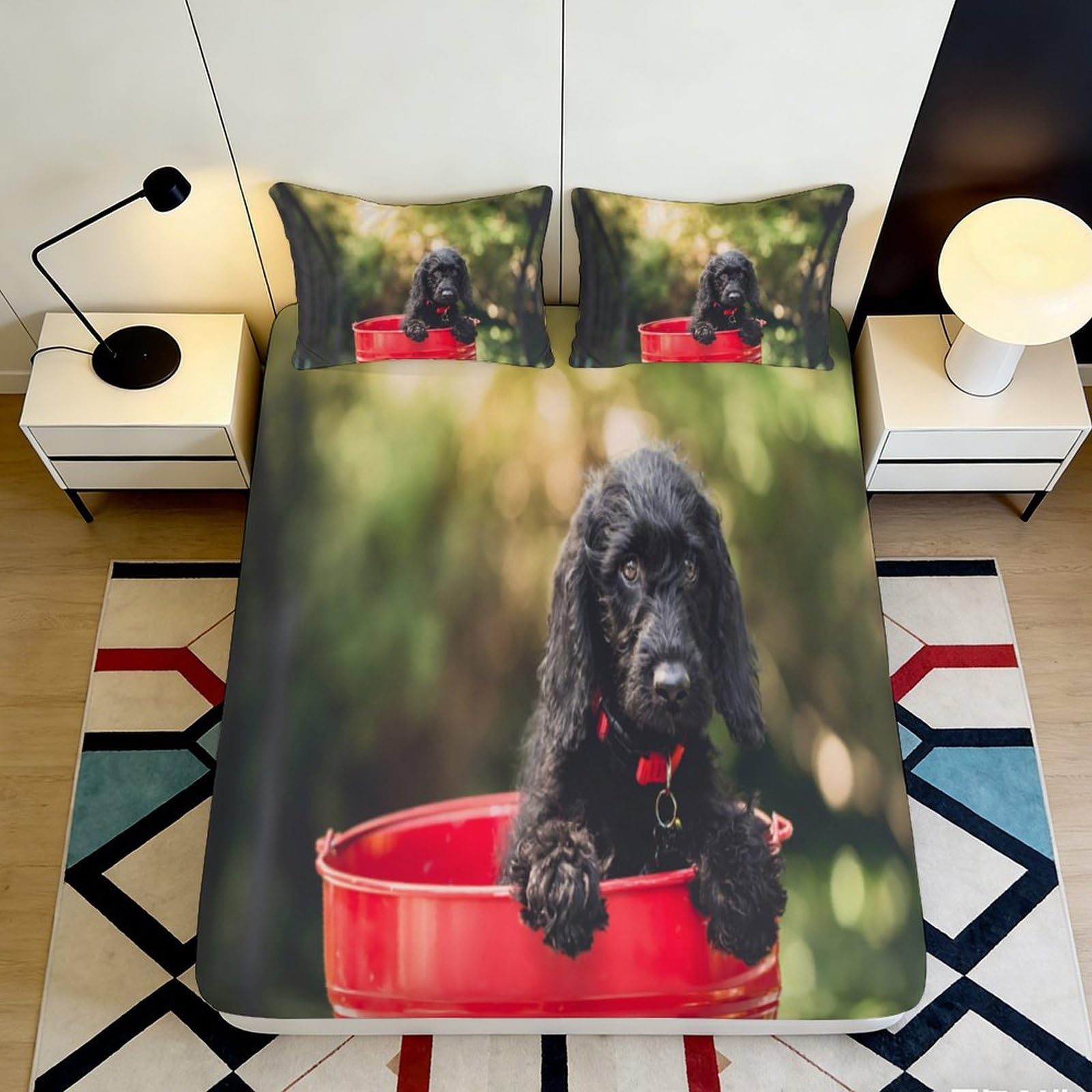 3D Printed Cute Black Poodle Fitted Sheet Microfiber Non-Slip Deep Pocket Pet Pattern Mattress Fitted Cover Washable for Adults Teens Bedroom Bedding 90x200x25cm