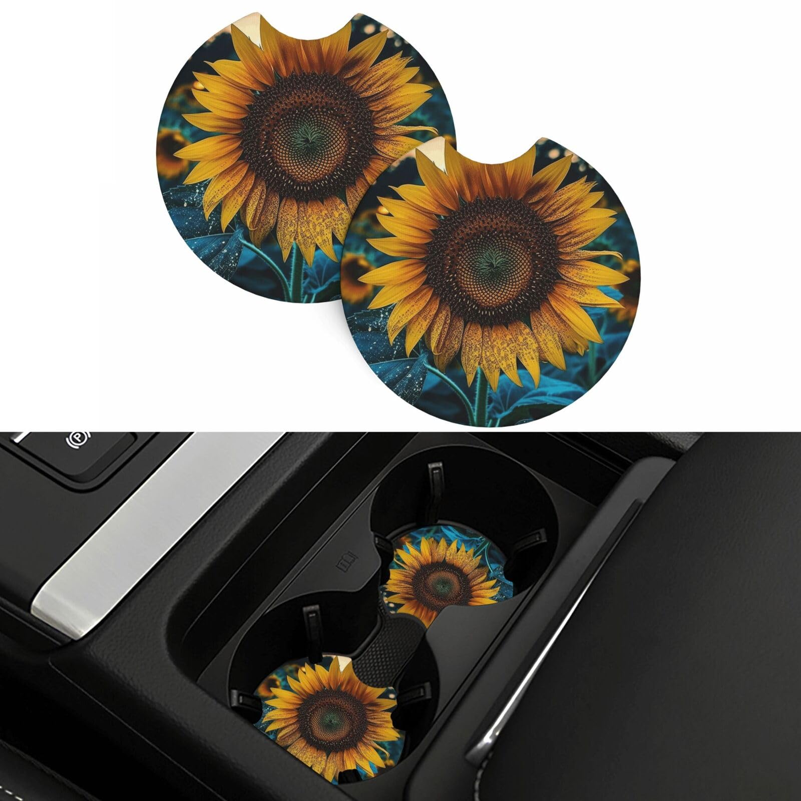 The Most Beautiful Sunflower Car Coasters 2 Pcs, Universal Non-Slip Rubber Car Cup Holder for Cup Holders, 2.75 Inch Neoprene Cup Pad Mat Coaster Car Interior Accessories for Women Men