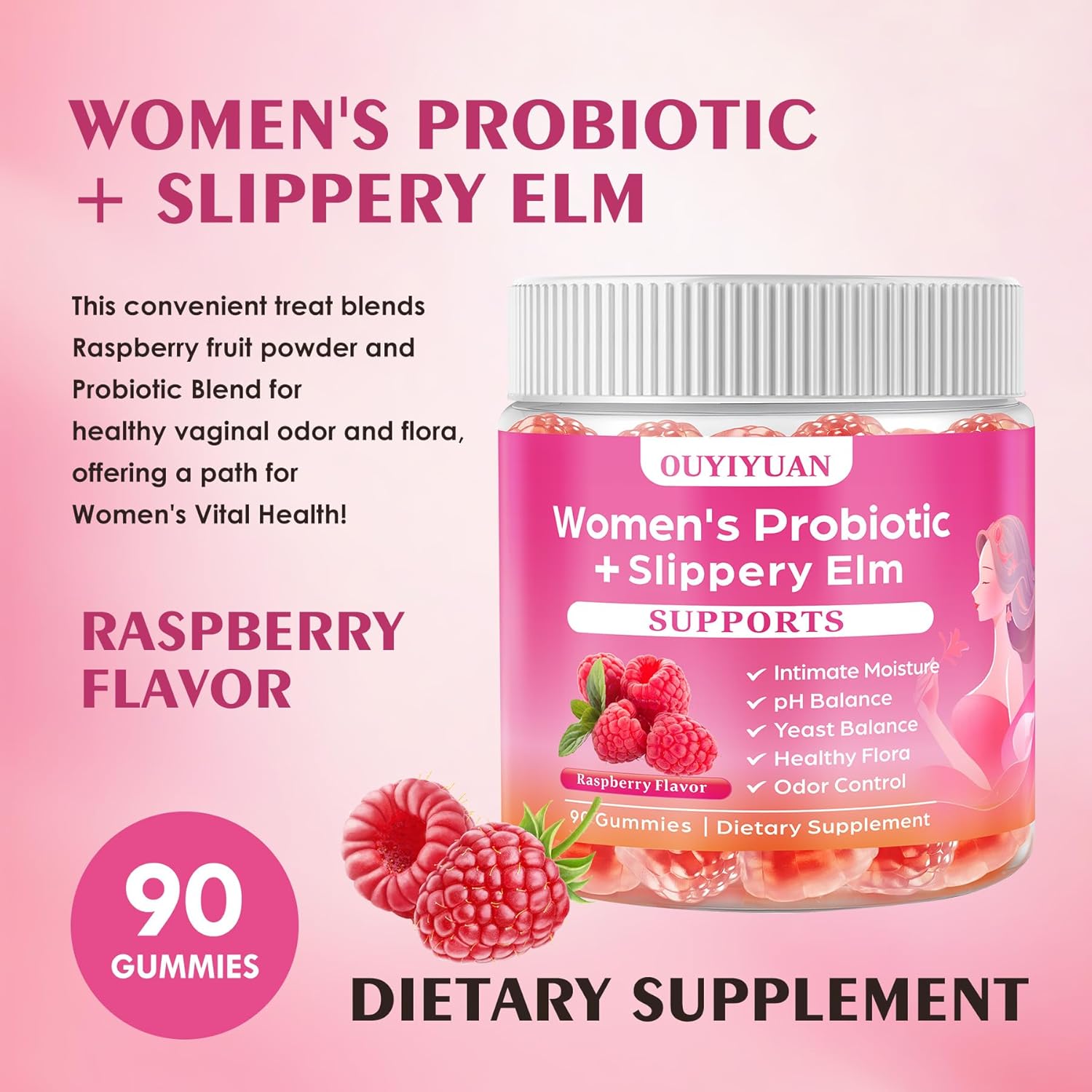 Women's Probiotic Gummies pH Balance & Gut Flora, Natural Raspberry Flavor, Vegan & Non-GMO, 90 Gummies