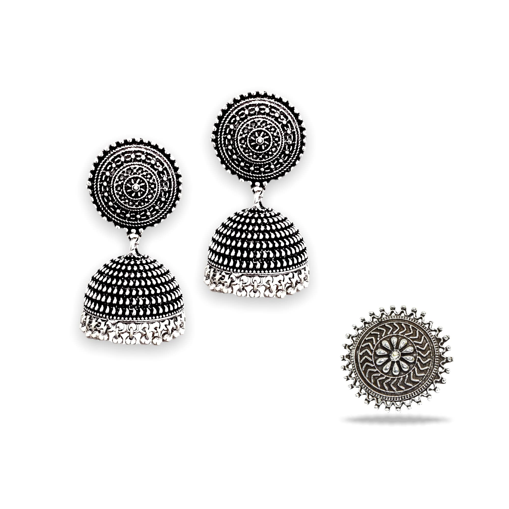 Jewelopia Oxidised Silver Jhumki Earrings German Silver Oxidized Floral Design Stylish Pearl Drop Jhumki Earrings & Ring For Women & Girls (Ring & Earring Combo) (B0B1J8MY3H) Amazon Price History, Amazon Price Tracker