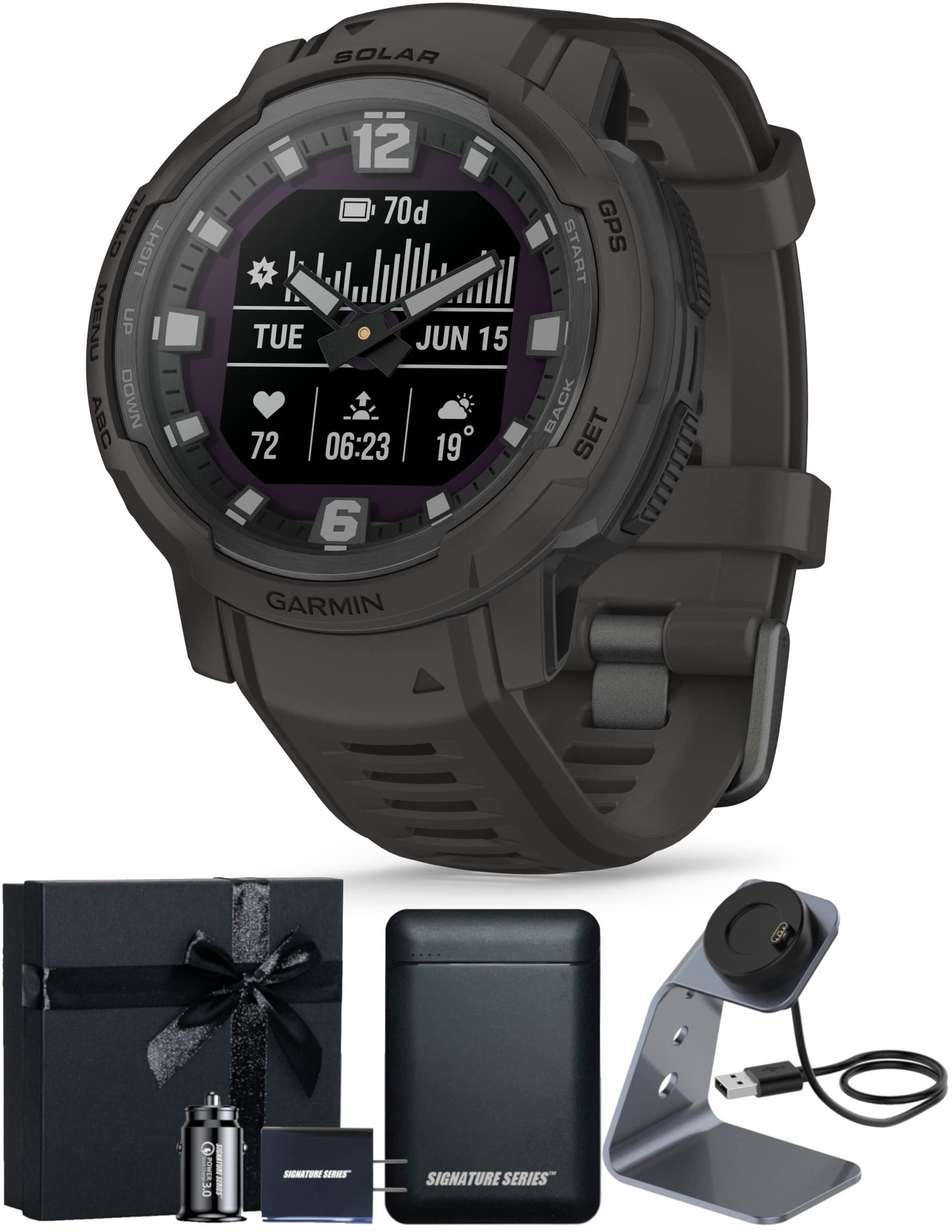 Garmin Instinct Crossover Solar, Rugged Hybrid Multisport GPS Smartwatch, Graphite | Heart Rate Monitor, Analog Hands, Digital Display, Up to 28 Day Battery Life with Signature Series Gift Bundle