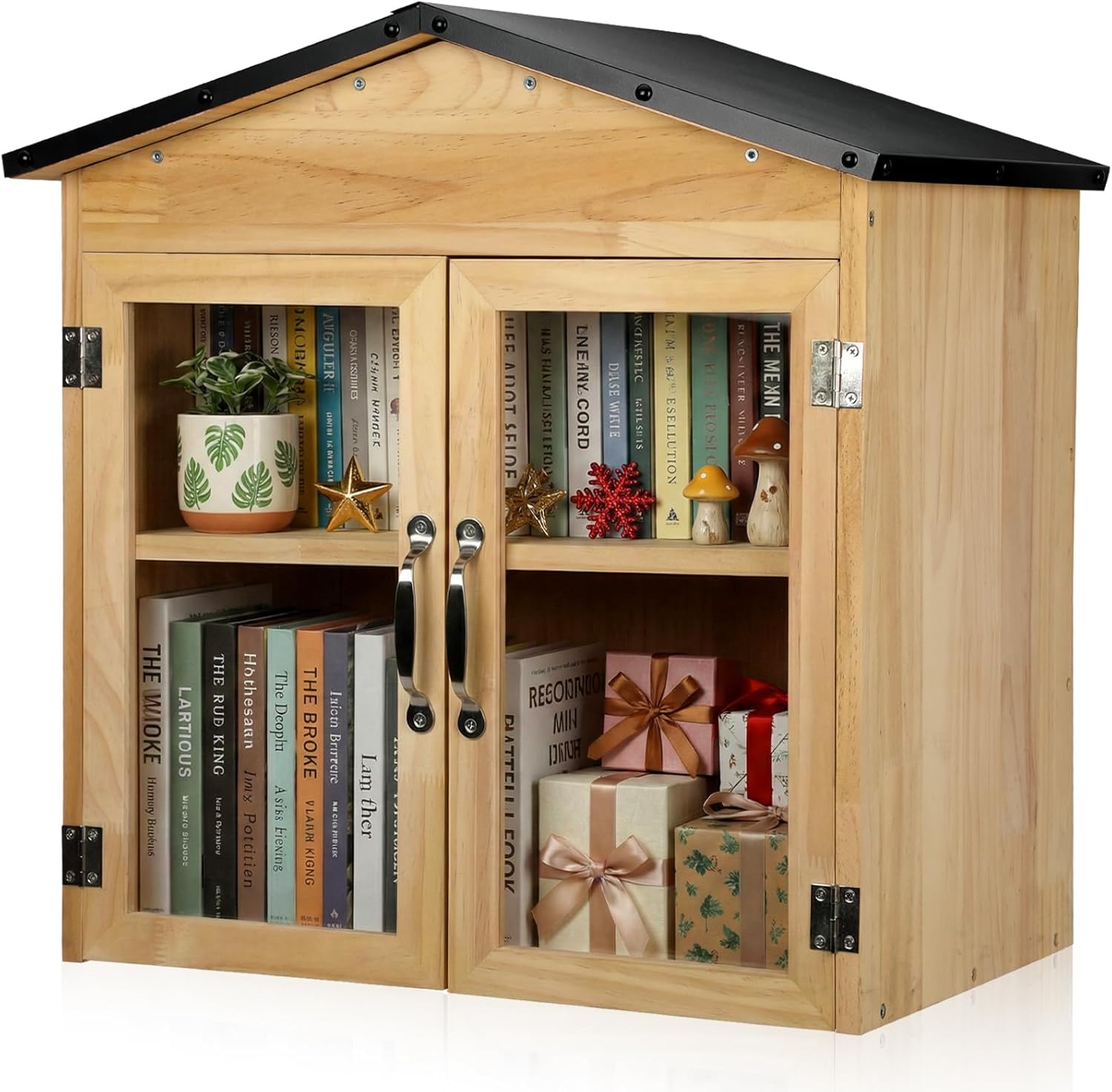 Outdoor Little Free Library Box, Weather-Resistant Wooden Blessing Box with Metal Roof & Adjustable Shelf, Easy-to-Assemble Lending Library for Books, Food Pantry for Neighborhood Community