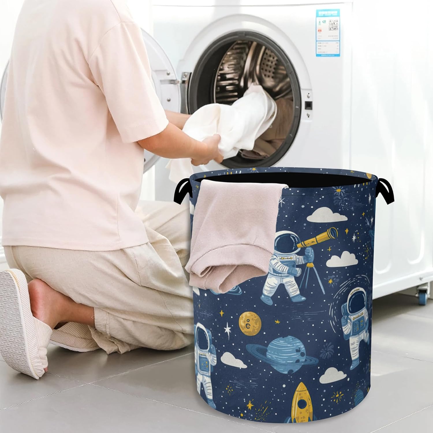Astronaut Laundry Basket,Rocket Planet Foldable with Handles Tote Bag Oxford Cloth for Bathroom Bedroom Dirty Clothes Storage Bucket 16" x 20.8"