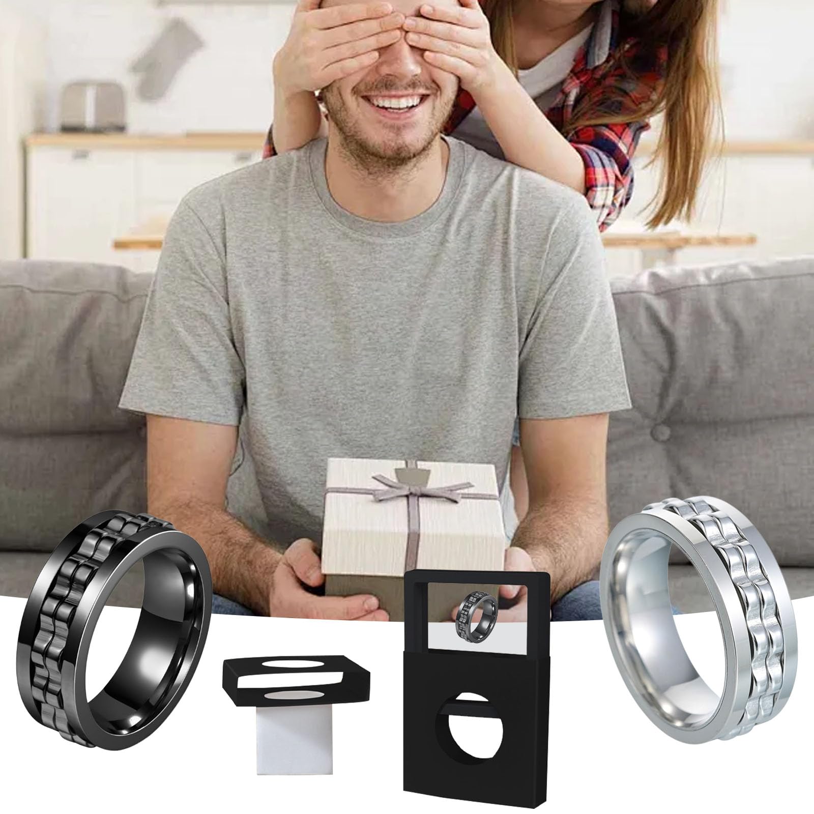 Vauki 2 pierścienie Fidget Ring dla dorosłych, antystresowe, pierścionki fidget w kolorze czarnym i srebrnym, redukujące stres i przeciwlękowe, prezent dla mężczyzn i kobiet, przeciw lękowi i