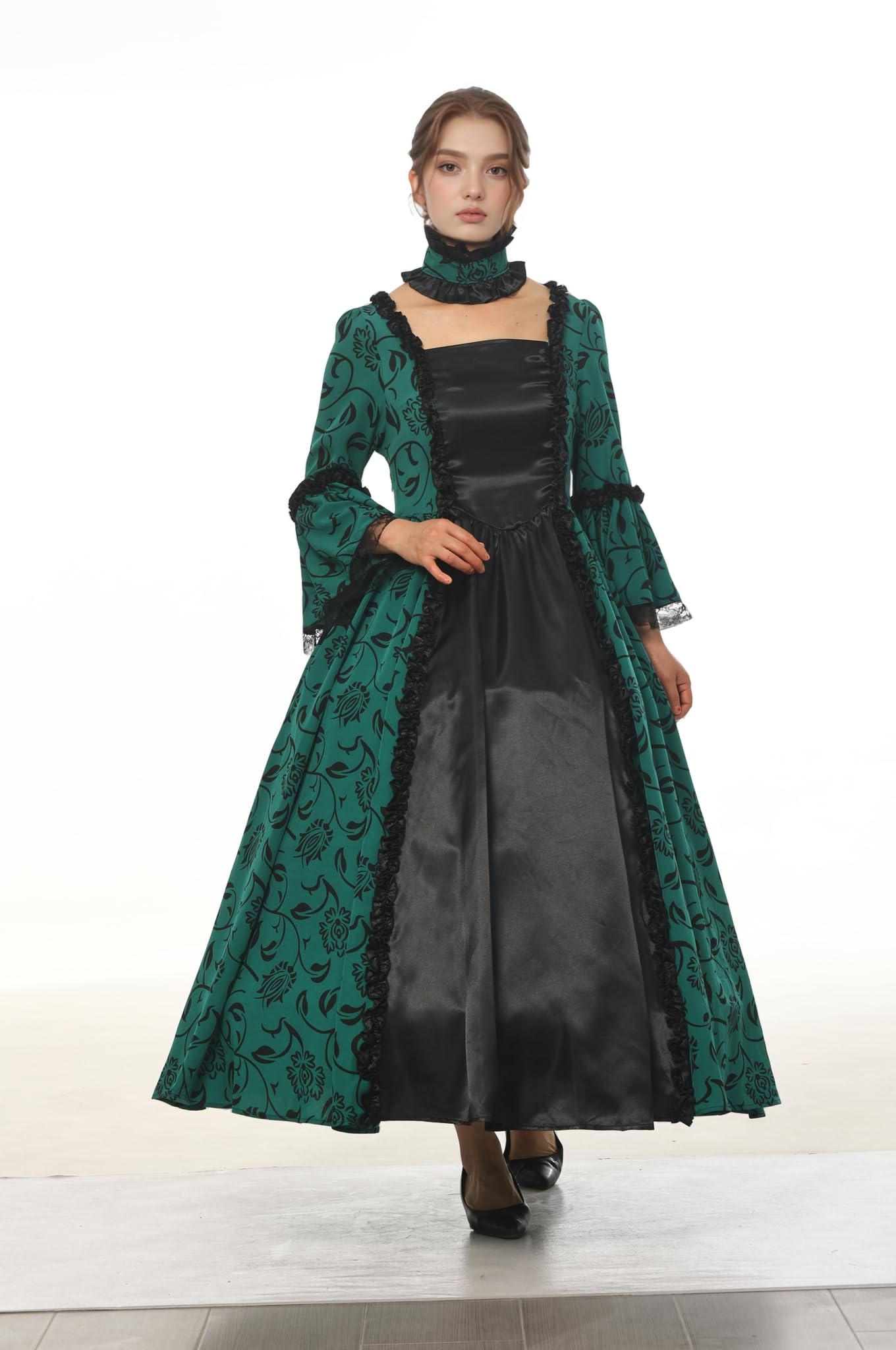 CAMDOM Vestido de Fiesta Victoriano Mujer Retro Medieval Palacio Largo Cuello Cuadrado Satén Elegante Mangas Acampanadas Disfraz Vintage Cosplay