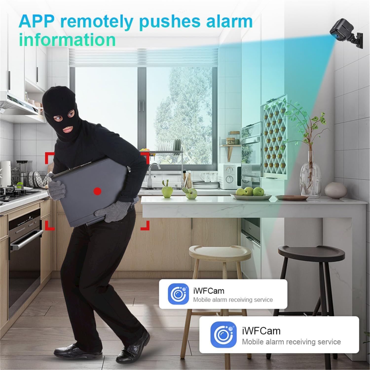 A scene depicting a burglar in a kitchen, with the camera's view showing red detection boxes around the intruder, and smartphone notifications for alarm information.