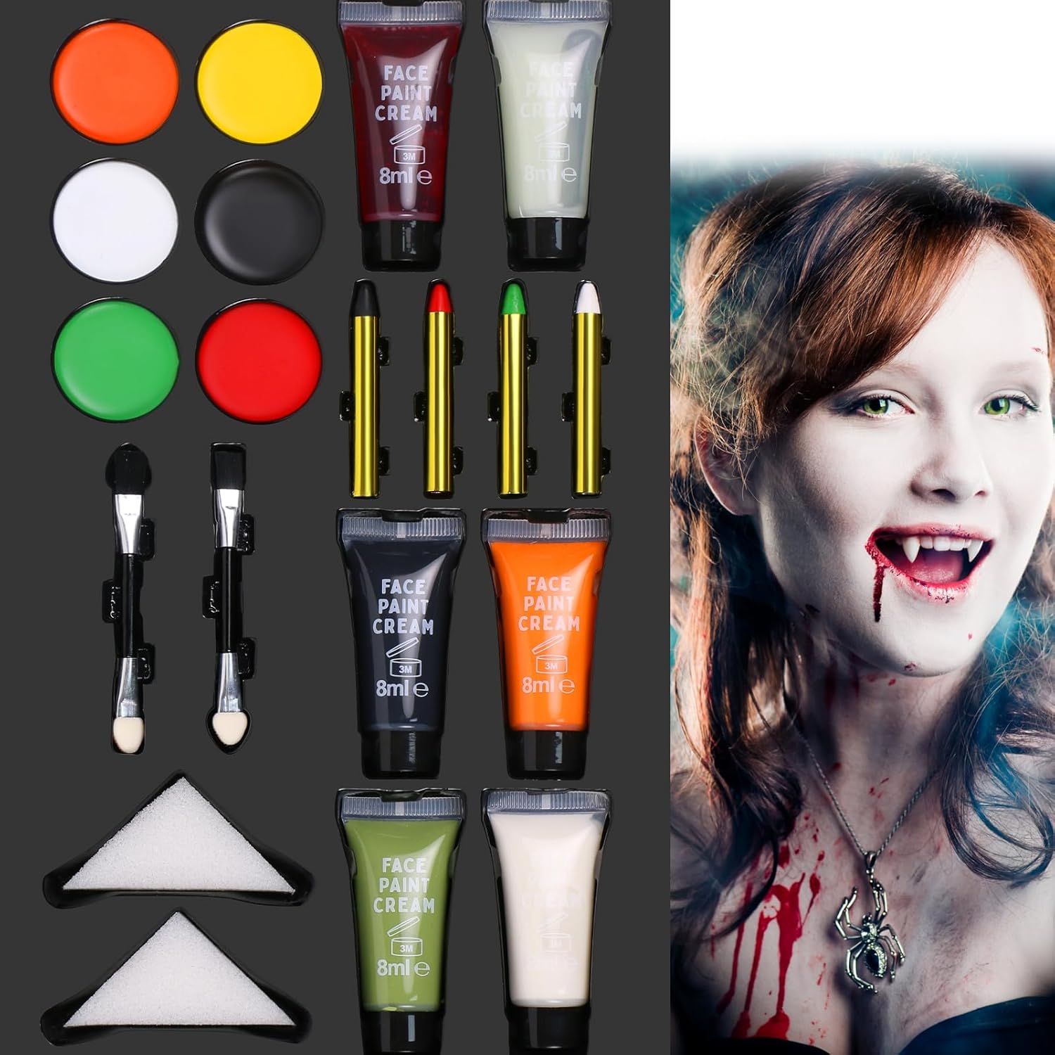 AOMIG-gezichtsverfset, 20-delige Halloween-make-upset voor kinderen en volwassenen, niet-giftig palet voor gezichts- en lichaamsverf met kleurpotloden, borstels en sponzen voor gezichtsverf, gezichtsverf voor Halloween-feest Cosplay