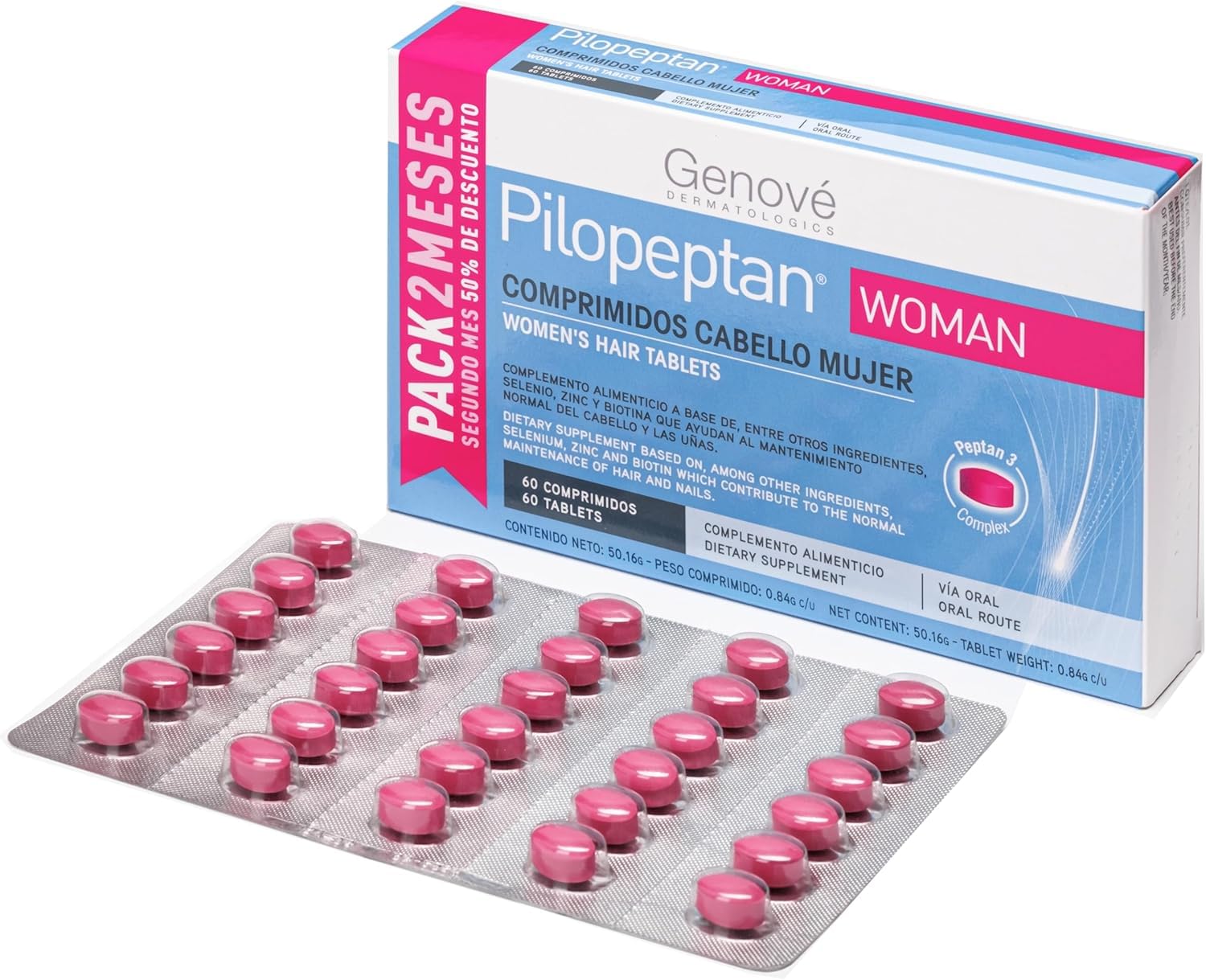 Genove Pilopeptan Woman 60 Tablets - Anti-Hair Loss for Women - Hair and Nails - Keratin Formation - Hair Regeneration and Protects the Scalp - 60 Tablets