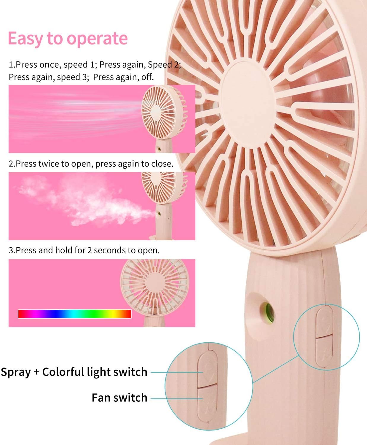 DeepDream Misting Personal Fan, Mini Handheld Fan, Small Portable Spray Fan Speed Adjustable, USB Desk Colorful Nightlight Fan for Kids Girls Woman Man Home Office Outdoor Travel (Pink)