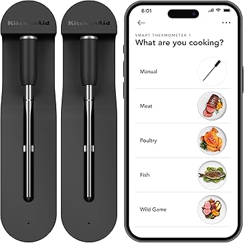 KitchenAid Dual Smart Wireless Rechargeable Meat Thermometers | Waterproof, Soak 6 Hours, Dishwasher-Safe | Long Range Bluetooth® Connectivity| BBQ, Grill, Oven, Smoker, Air Fryer, Kitchen