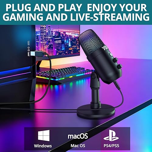 Miniatura 6 de Micrófono de condensador USB con soporte de luces RGB para PC, PS4, PS5  Micrófono dinámico para juegos, cancelación de ruido, control de ganancia