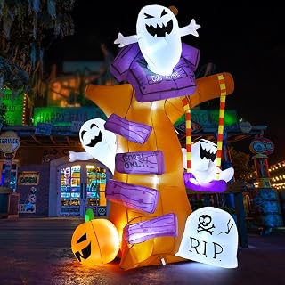 GOOSH 8 FT Height Halloween Inflatables Outdoor Ghost Tree with Ghost Pumpkin Tombstone, Blow Up Yard Decoration with LED Lights Built-in for Holiday/Halloween/Party/Yard/Garden