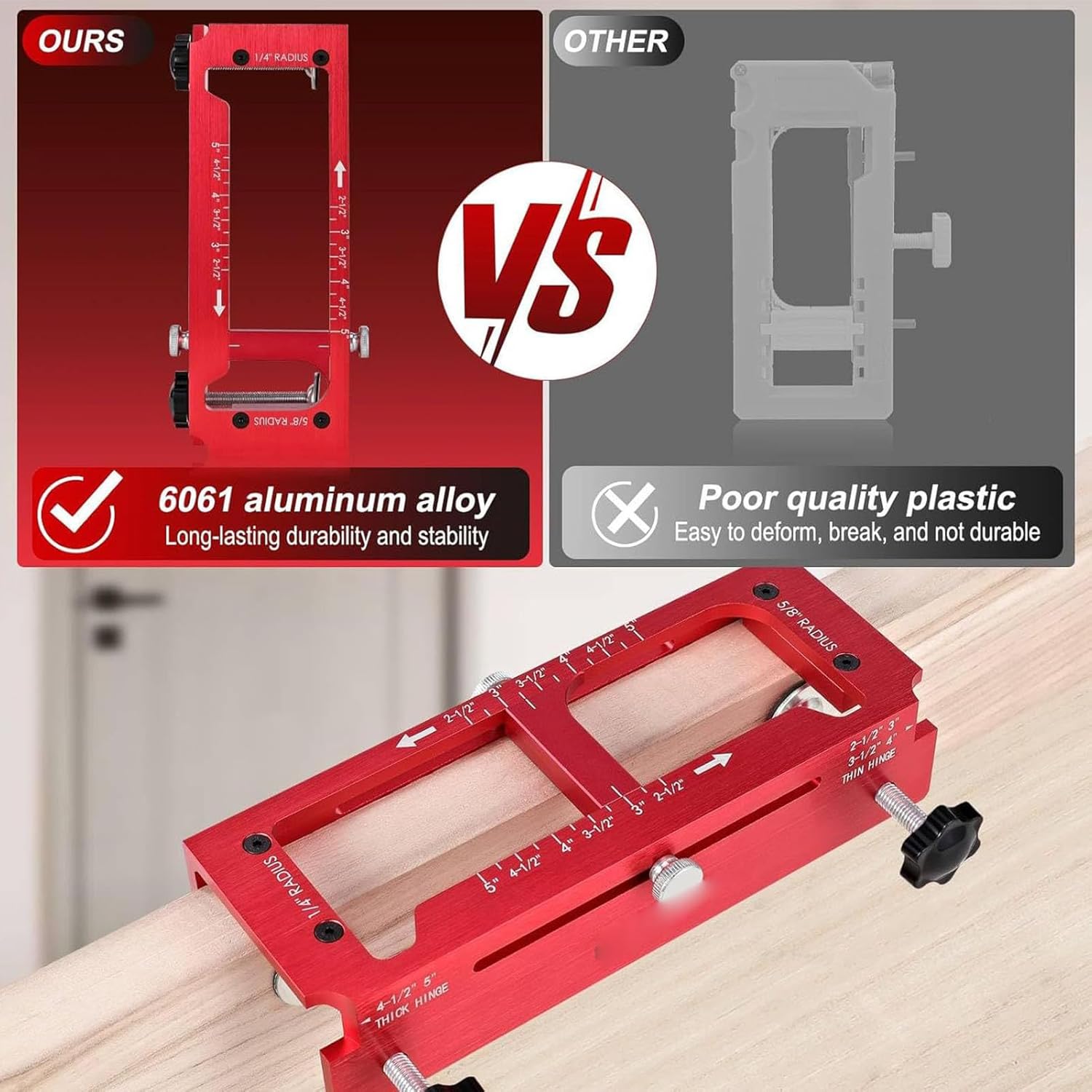 Door Hinge Jig, Aluminum Alloy Router Template Kit with Adjustable Mortise Clamps for 2.5in to 5in Length, 1/4in 5/8in Radius and Square Corner Types