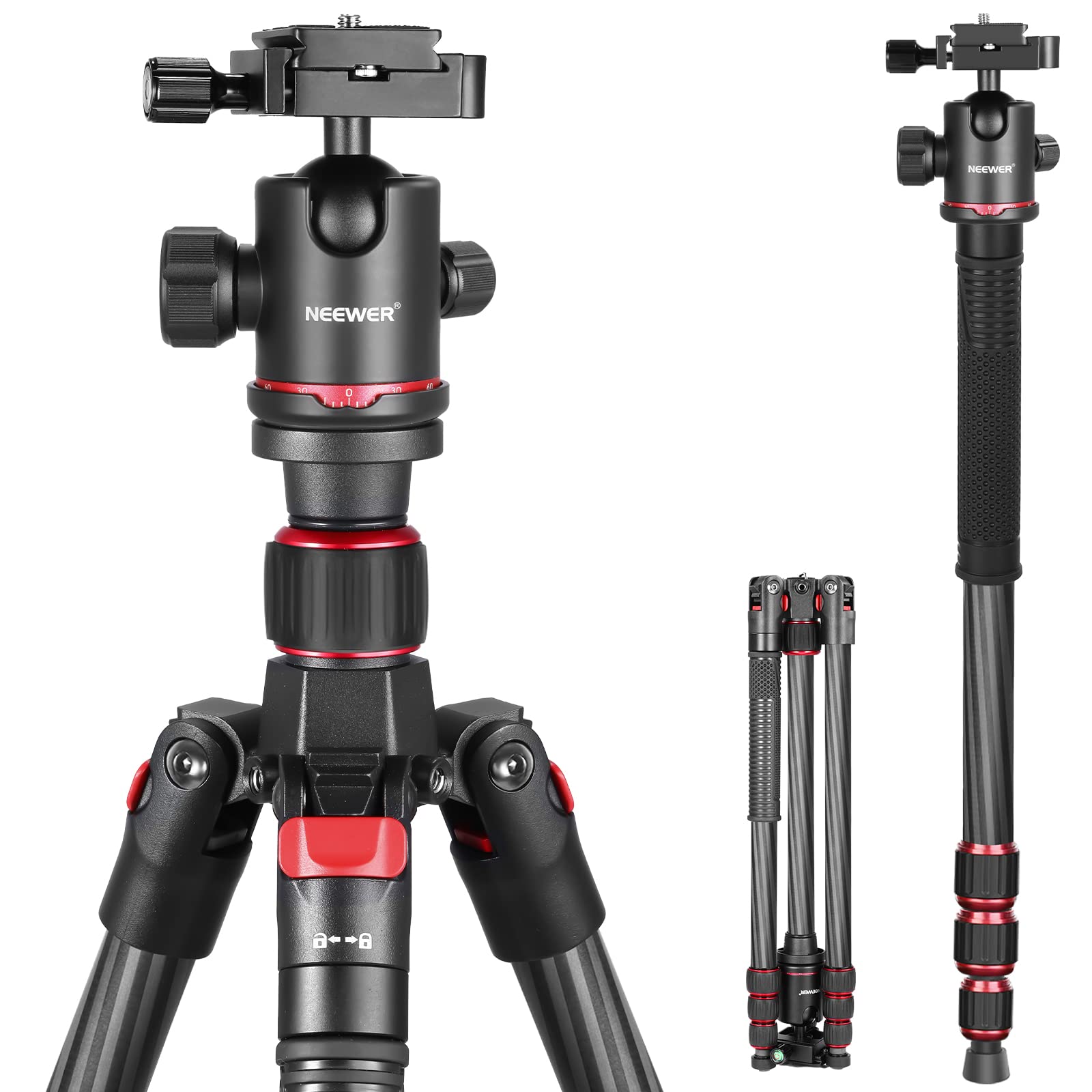 Neewer Carbon Fiber 66 inches/168 centimeters Camera Tripod Monopod with 360 Degree Ball Head,1/4 inch Quick Shoe Plate,Bag for DSLR Camera,Video Camcorder,Load up to 26.5 pounds/12 kilograms
