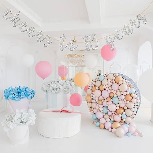 Miniatura 5 de Cartel de plata con purpurina con texto en inglés "Cheers to 15 Years" – Cartel de 15 cumpleaños para adolescentes, decoración de banderines para