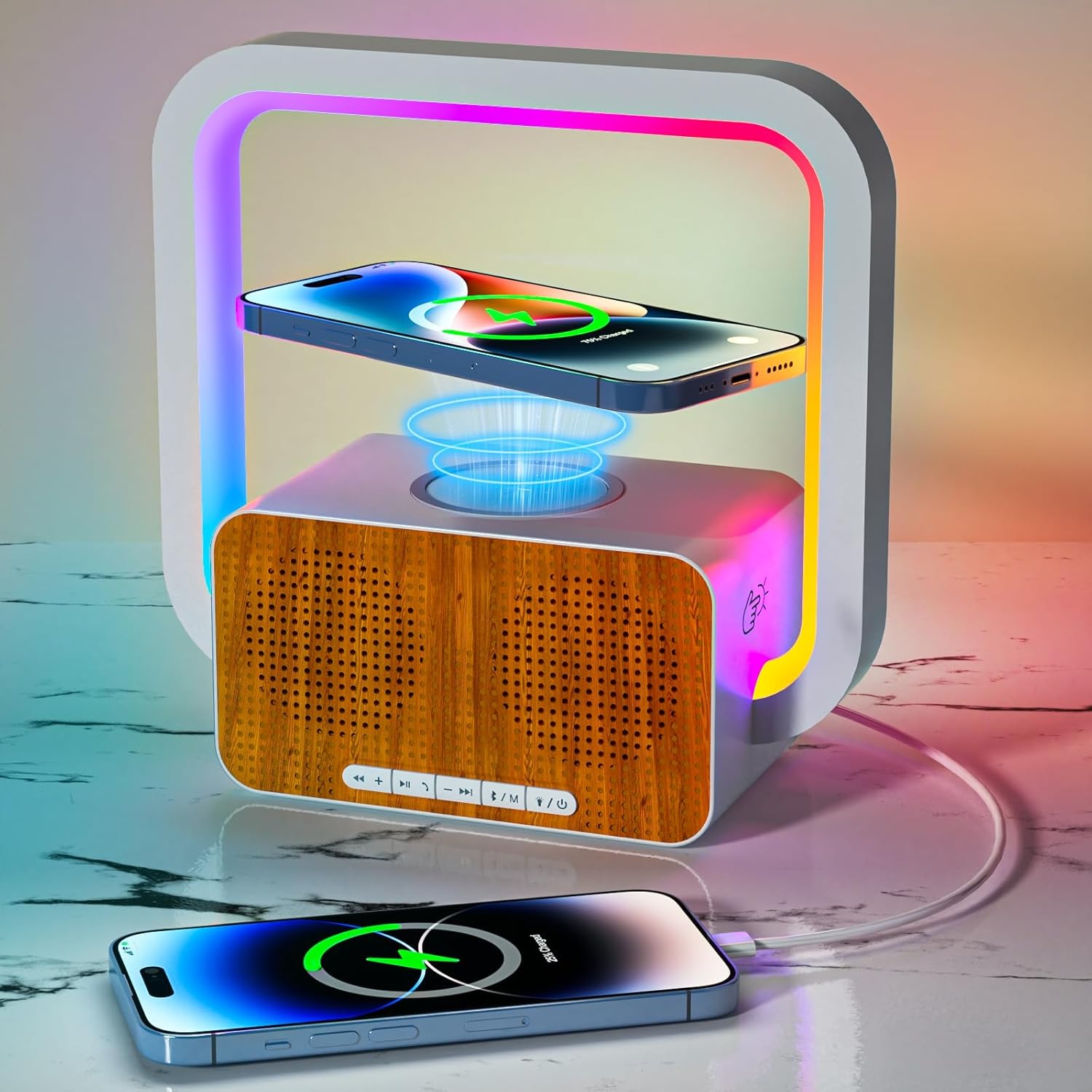 doopo Bluetooth Speaker with Night Lights, 15W Wireless Charging with Phone Holder, Bedroom Decor/Teens Girls Boys Gifts Idea
