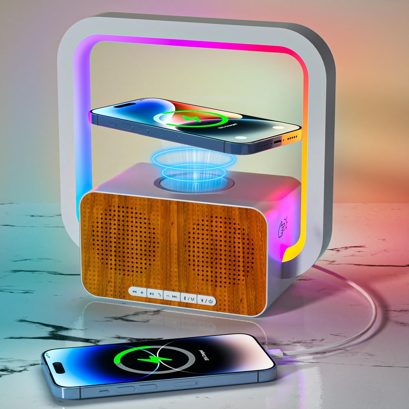 Bluetooth Speaker Night Lights, 15W Wireless Charging with Phone Holder | Touch Control Bedside Lamp/Bedroom Decor/Teens Girls Boys Gifts Idea