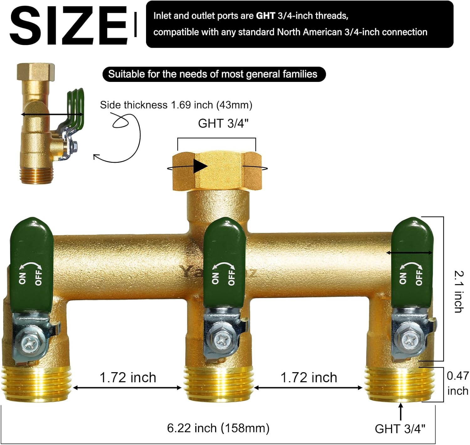 Heavy-Duty Brass Garden Hose Divider - 3/4-inch GHT Threaded Tee with Shut-Off Valve, Water Flow Divider for High-Pressure and High-Flow Faucet Adapter, Metal Handle with Green Rubber