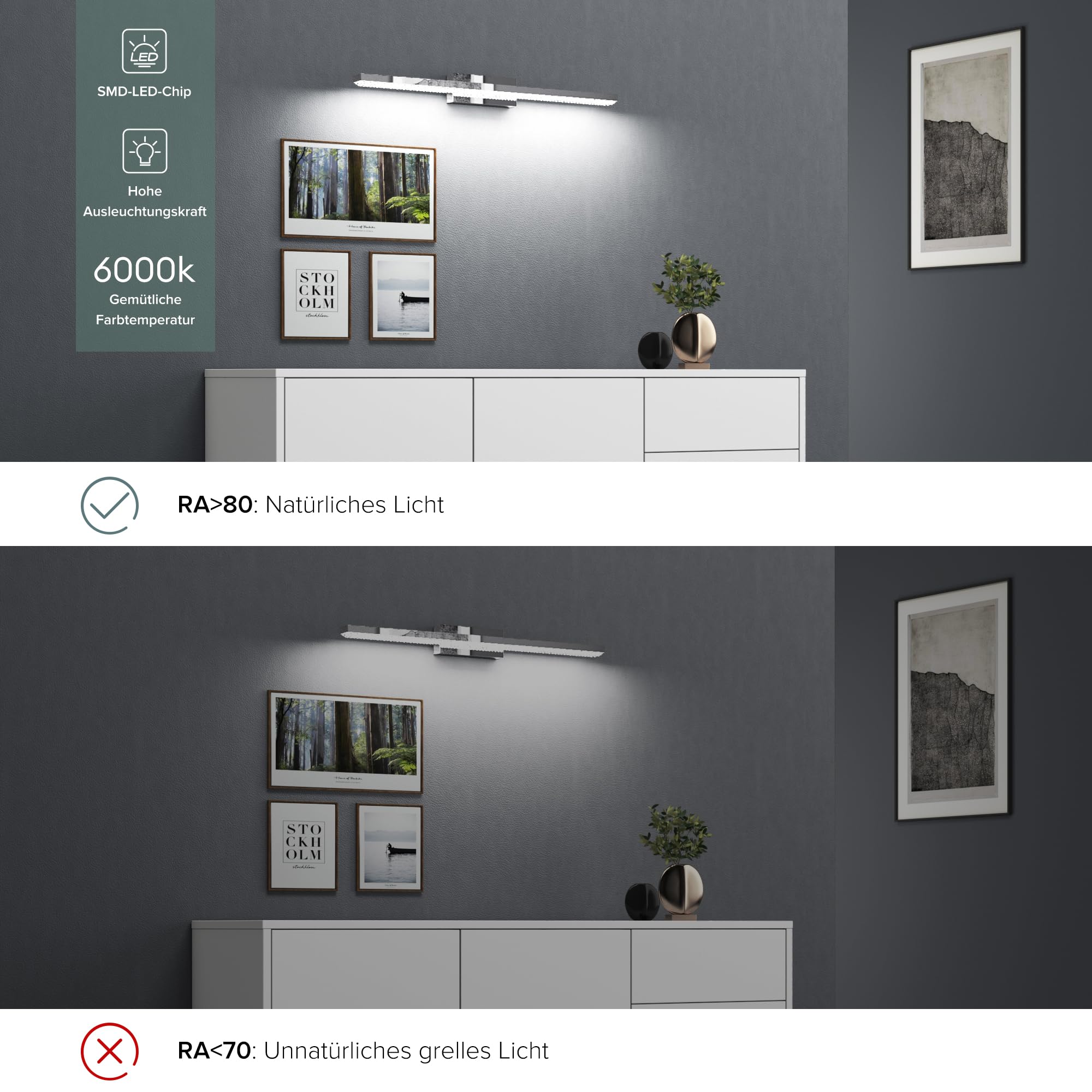 doporro Spiegelleuchte Bad 60cm LED Spiegellampe Badezimmer Lampe | 6000K Badlampe Wand über Spiegel Kaltweiß Badezimmerleuchte 14W Spiegelschrank Beleuchtung, Chrom, Leuchtschein
