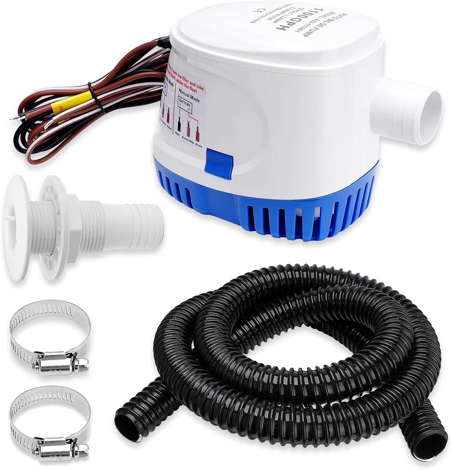 1100 GPH Automatic Boat Bilge Water Pump 12V, 1-1/8 Inch Dia Bilge Pump Plumbing Kit with 6FT Hose, 2 Clamps, Thru-Hull Fitting, Ideal for Fishing Boats, Cruisers, Runabouts, Yachts