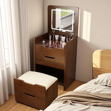 Montary 3 in 1 Vanity Desk with Plip Top Mirror, 23.6" D Small Makeup Vanity Set with Visible Glass Desktop, Compact Dressing Table with 3 Drawers, Hidden Stool for Bedroom Space-Saving, Walnut