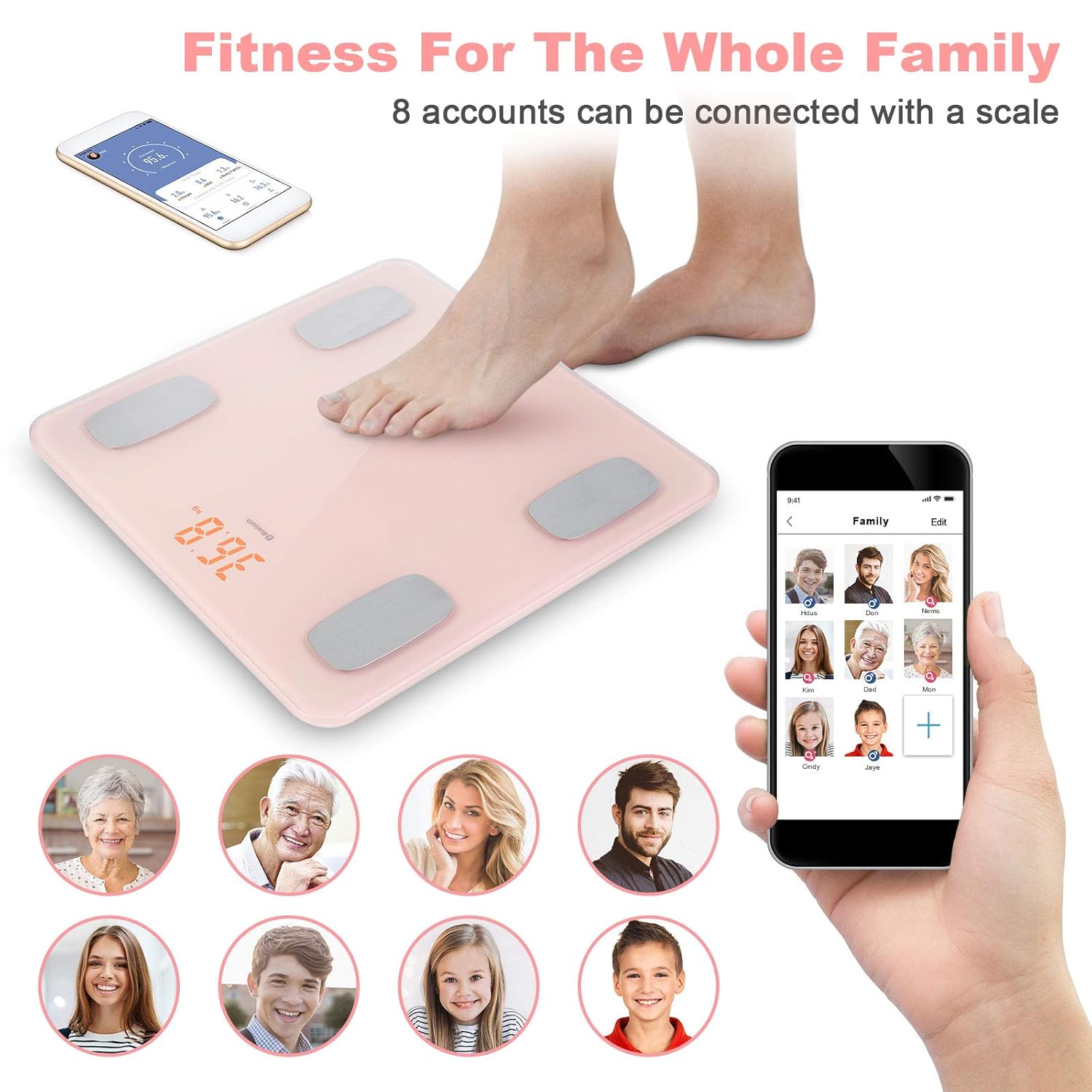 Family members' profile pictures around a Uten Smart Scale, illustrating multi-user support