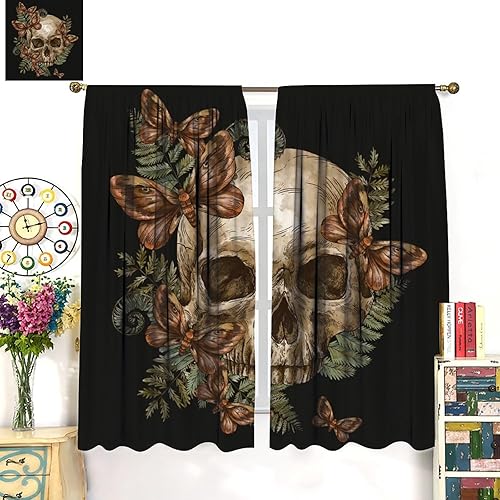 Miniatura 3 de Cortinas opacas de calavera de Halloween, diseño de mariposa, gótico, esqueleto, negro, con bolsillo para barra, para dormitorio, sala de estar,